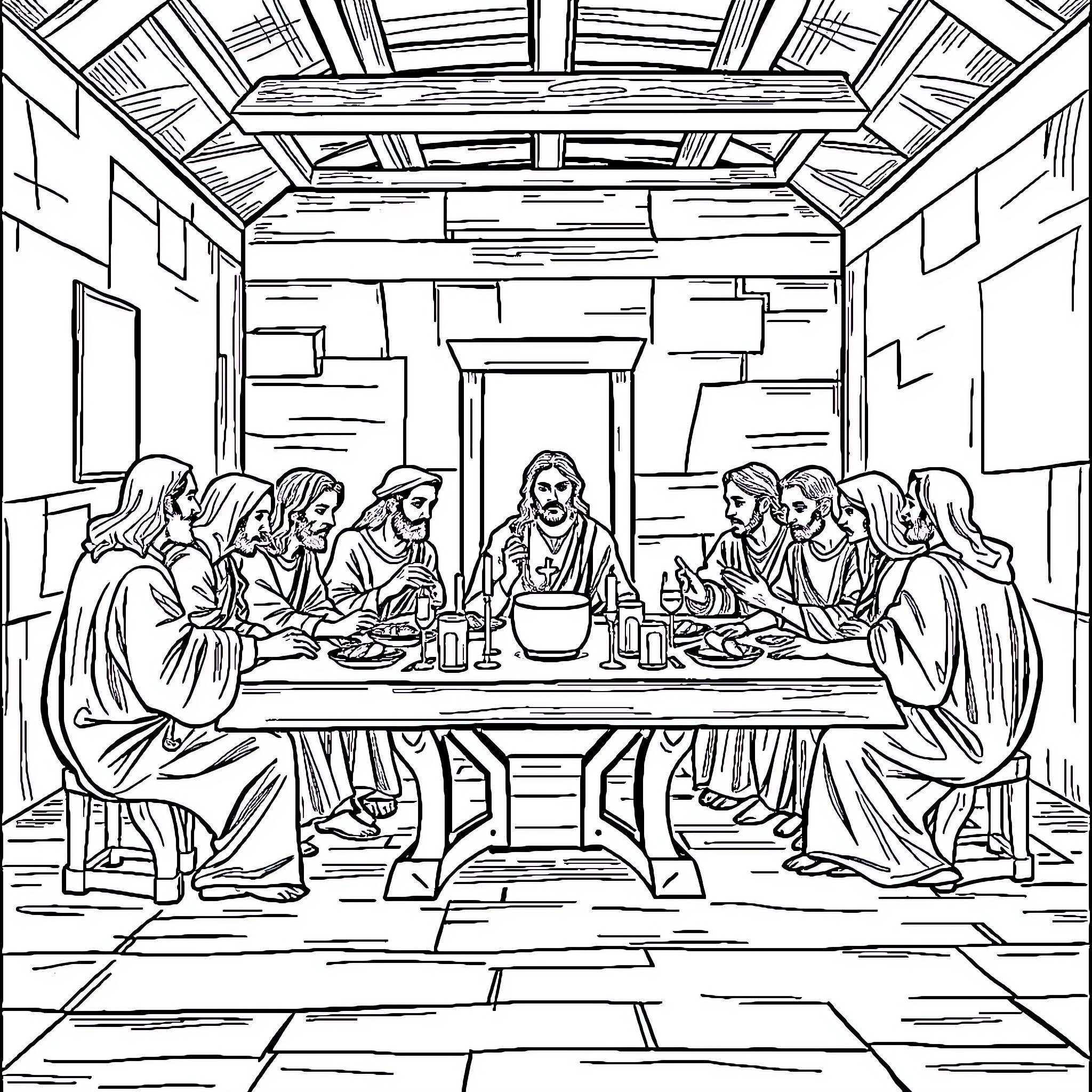 The Last Supper of Jesus and his Disciples Coloring Page (free black-and-white line drawing printable PDF for all, from beginners to advanced learners, including children, teens, adults, and seniors)