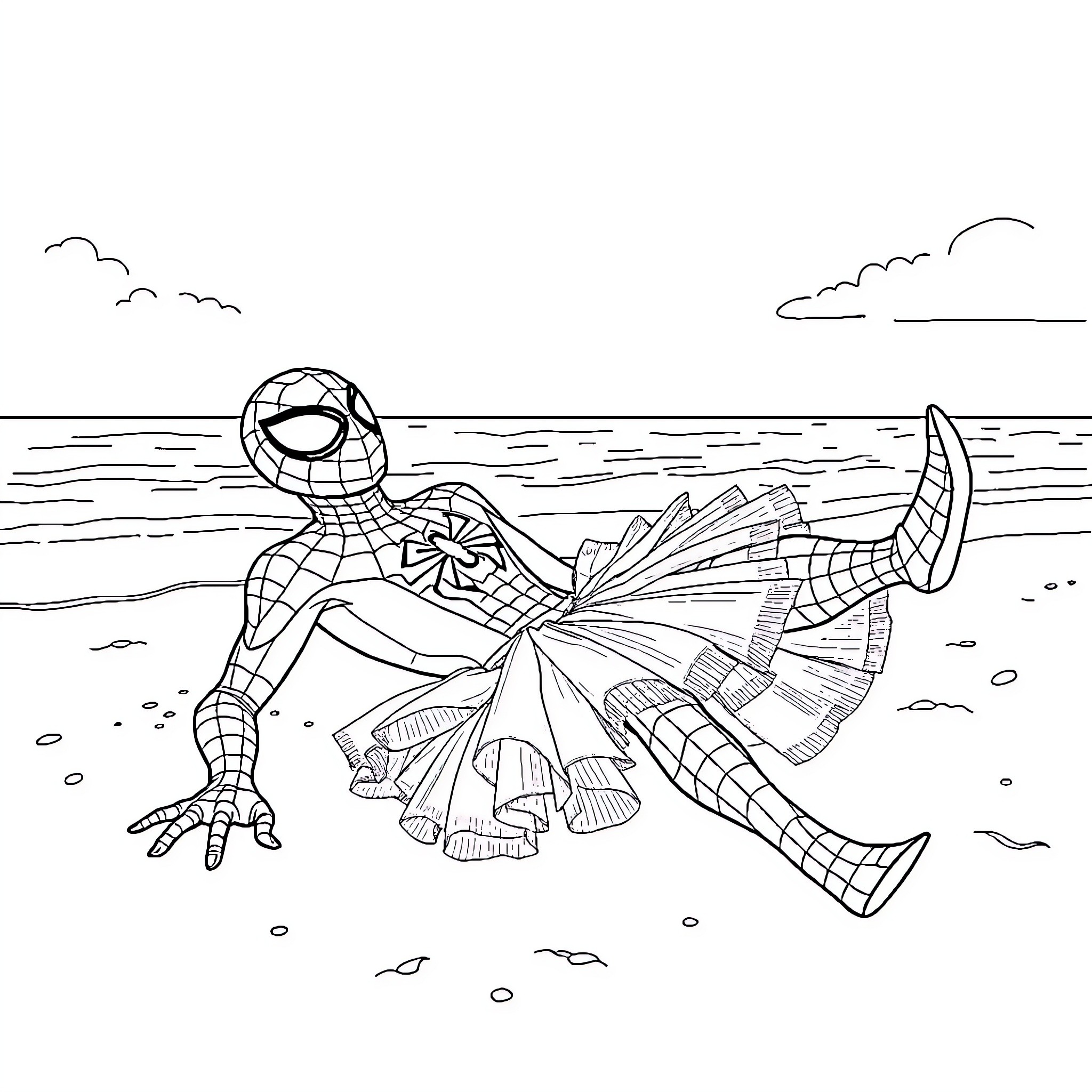 Superman swinging on the ocean waves Coloring Page (free black-and-white line drawing printable PDF for all, from beginners to advanced learners, including children, teens, adults, and seniors)