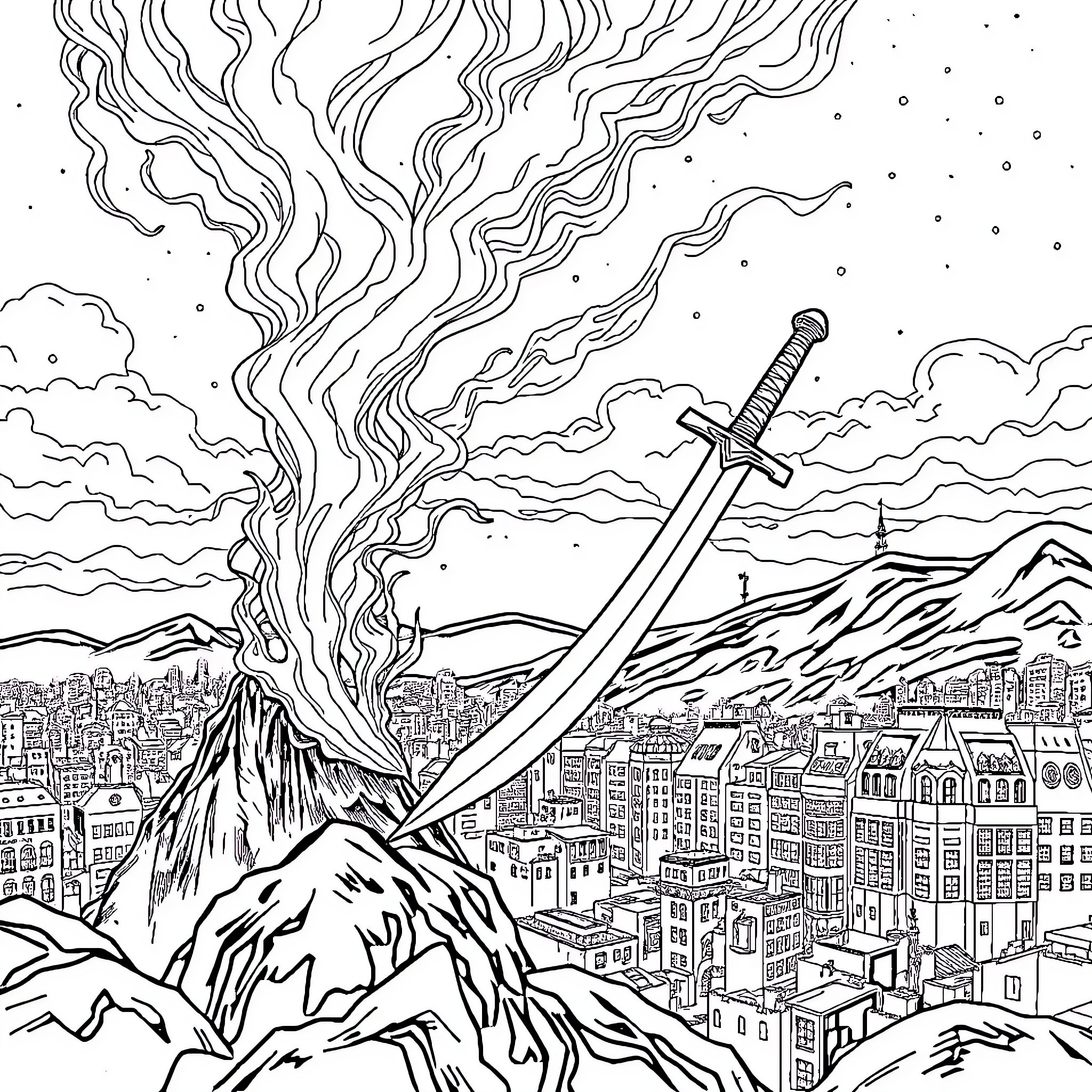Sword over the Turbulent City Coloring Page (free black-and-white line drawing printable PDF for all, from beginners to advanced learners, including children, teens, adults, and seniors)
