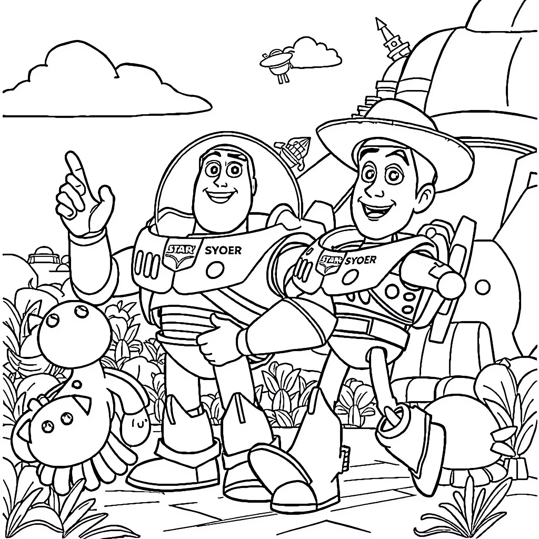 Toy Story Adventure in the Outdoors Coloring Page (free black-and-white line drawing printable PDF for all, from beginners to advanced learners, including children, teens, adults, and seniors)