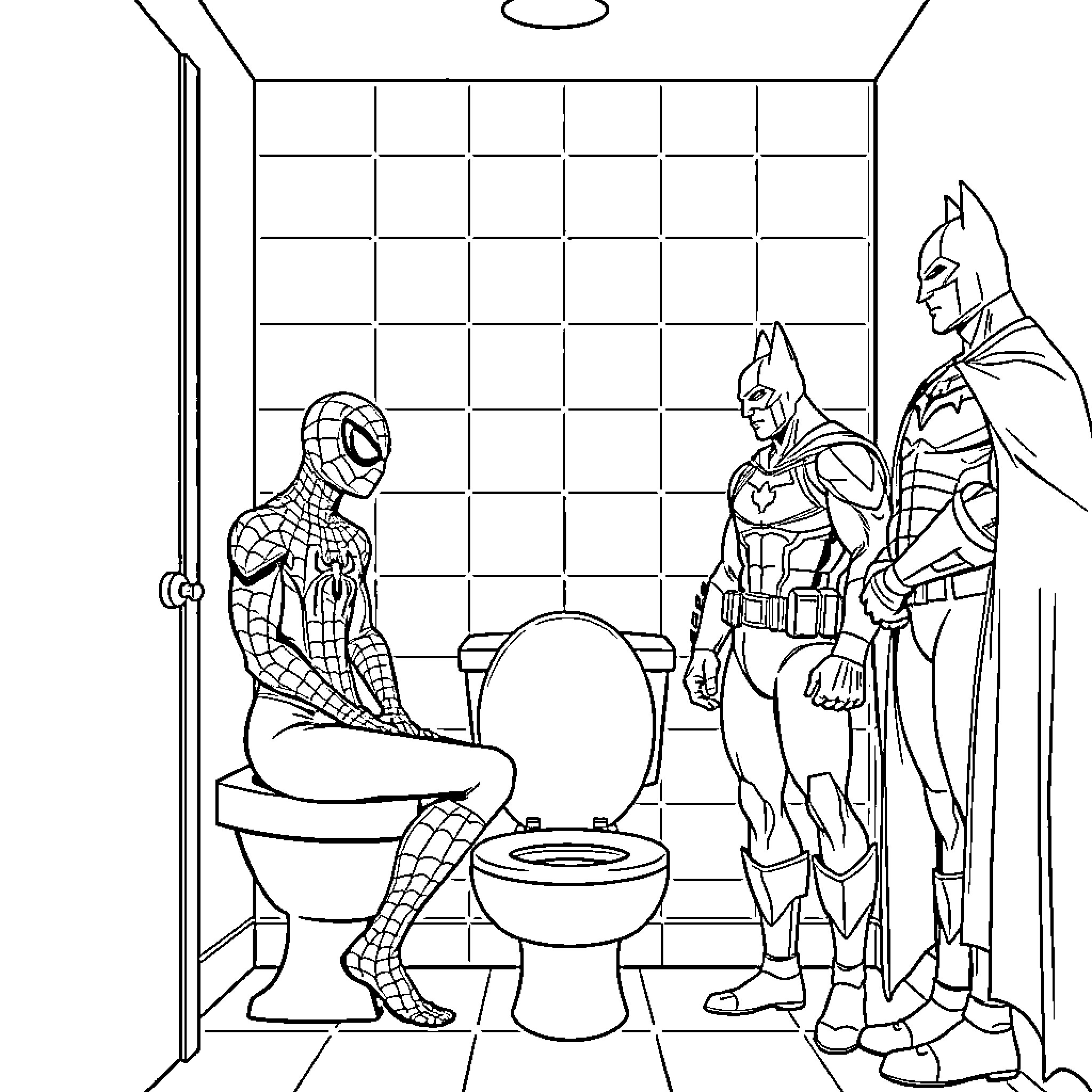Superheroes Assemble in the Bathroom Coloring Page (free black-and-white line drawing printable PDF for all, from beginners to advanced learners, including children, teens, adults, and seniors)