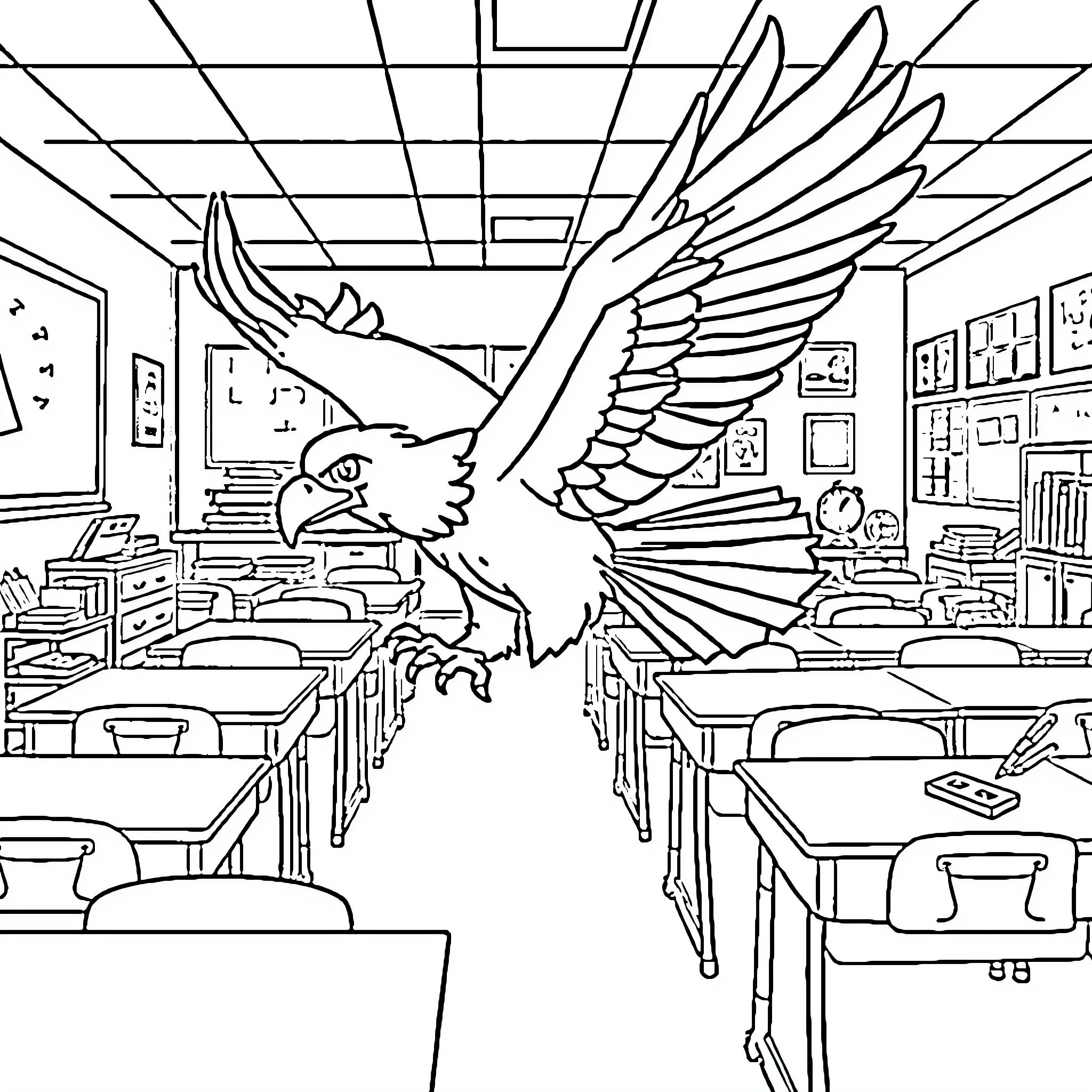 Eagle soaring through a classroom Coloring Page (free black-and-white line drawing printable PDF for all, from beginners to advanced learners, including children, teens, adults, and seniors)