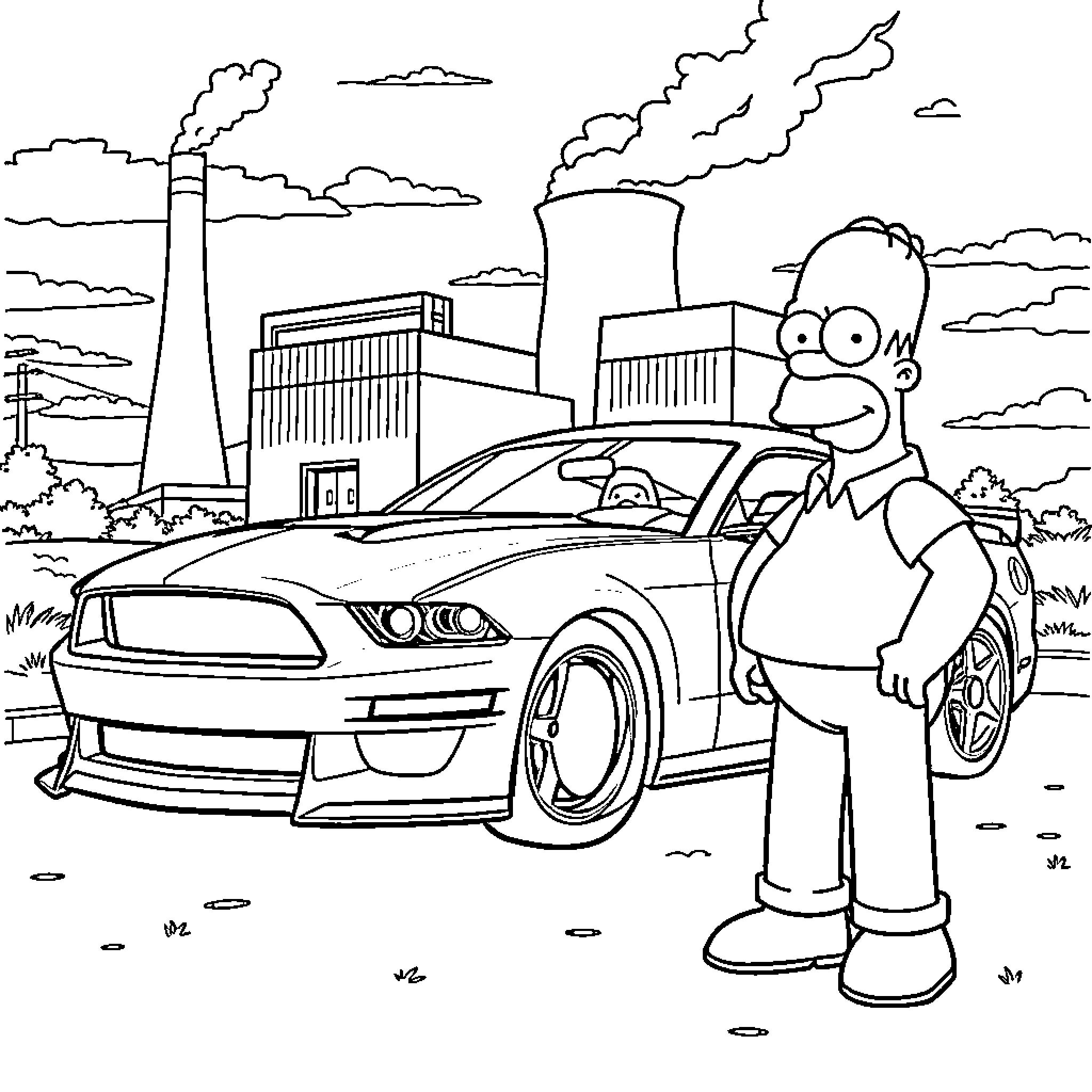 Homer Simpson admiring a sports car in an industrial setting Coloring Page (free black-and-white line drawing printable PDF for all, from beginners to advanced learners, including children, teens, adults, and seniors)