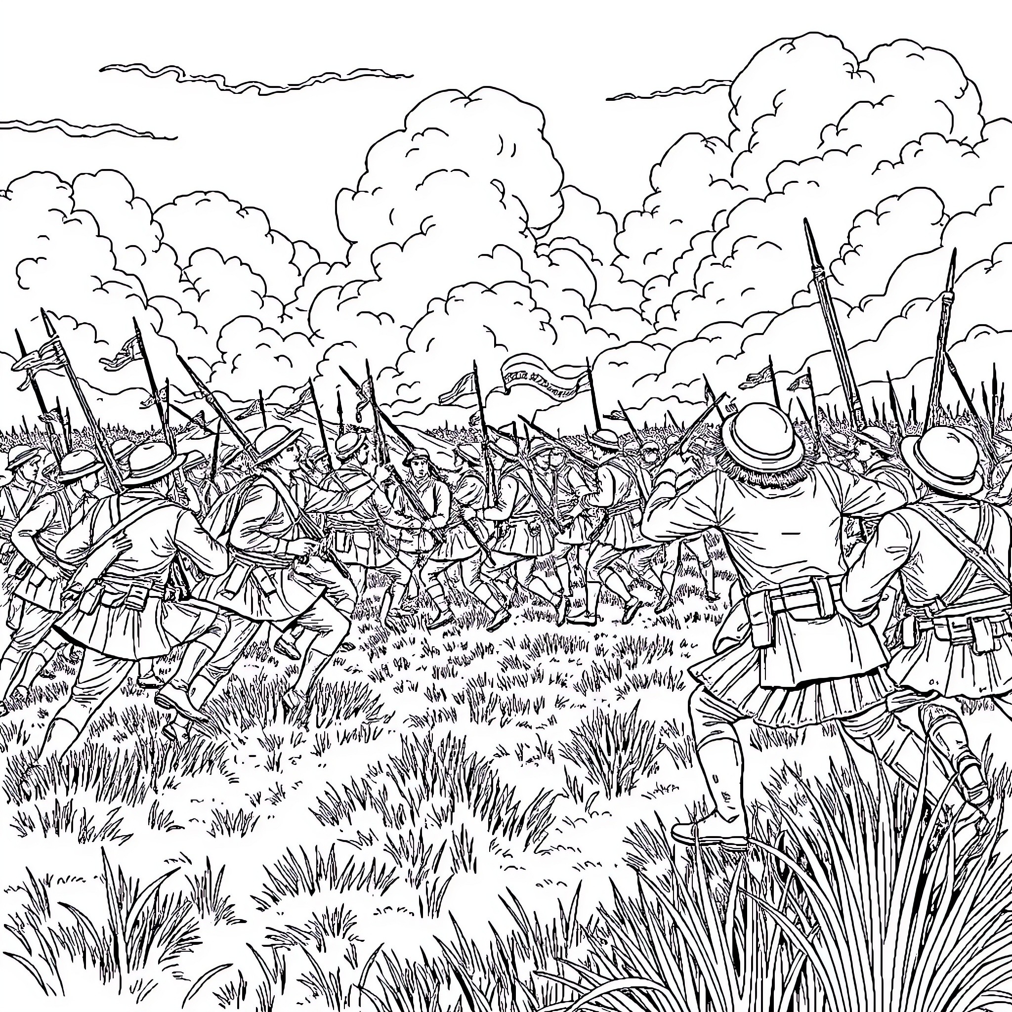 Battle of Boyacá: Soldiers Engaged in Intense Combat Coloring Page (free black-and-white line drawing printable PDF for all, from beginners to advanced learners, including children, teens, adults, and seniors)