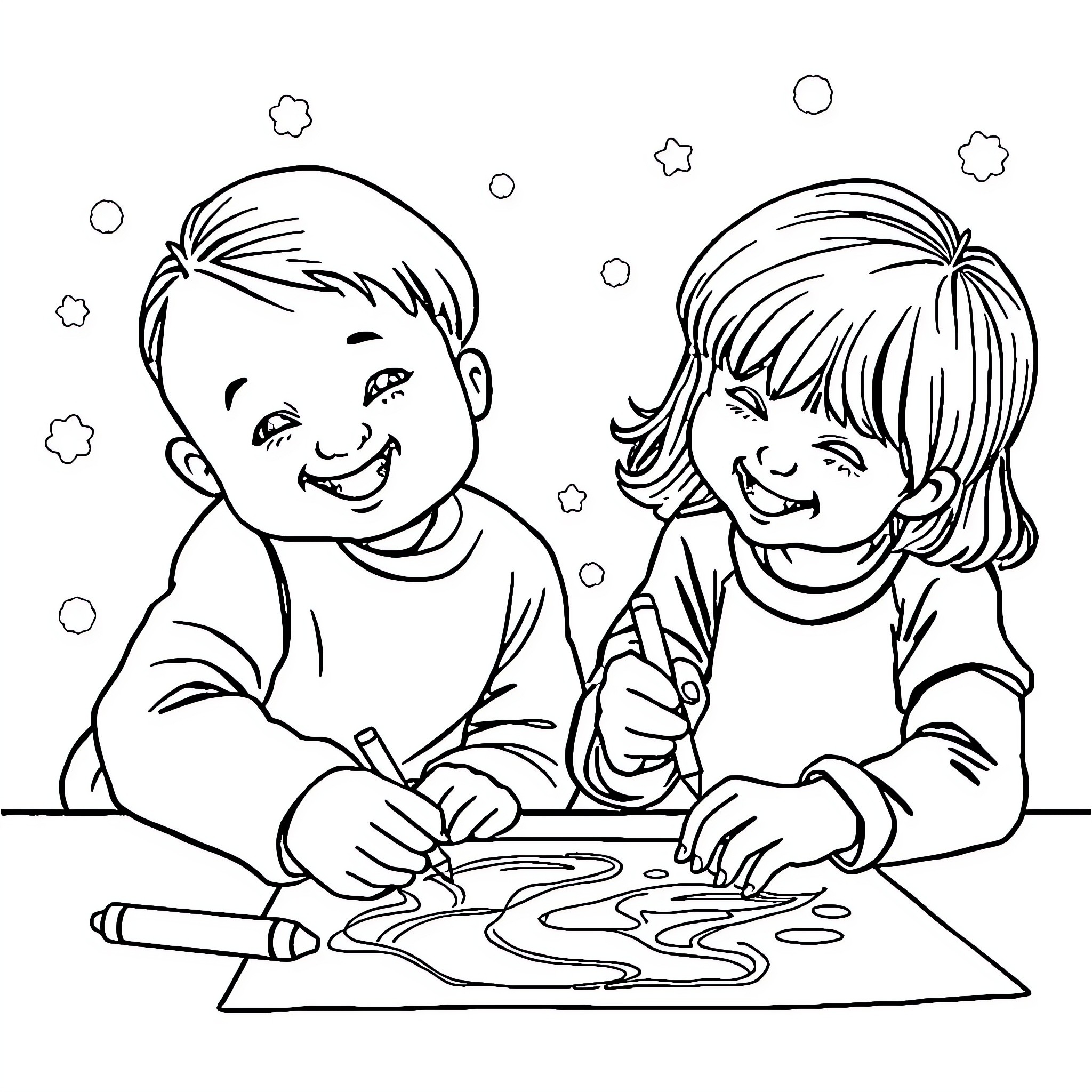 Kid friends happily drawing together Coloring Page (free black-and-white line drawing printable PDF for all, from beginners to advanced learners, including children, teens, adults, and seniors)