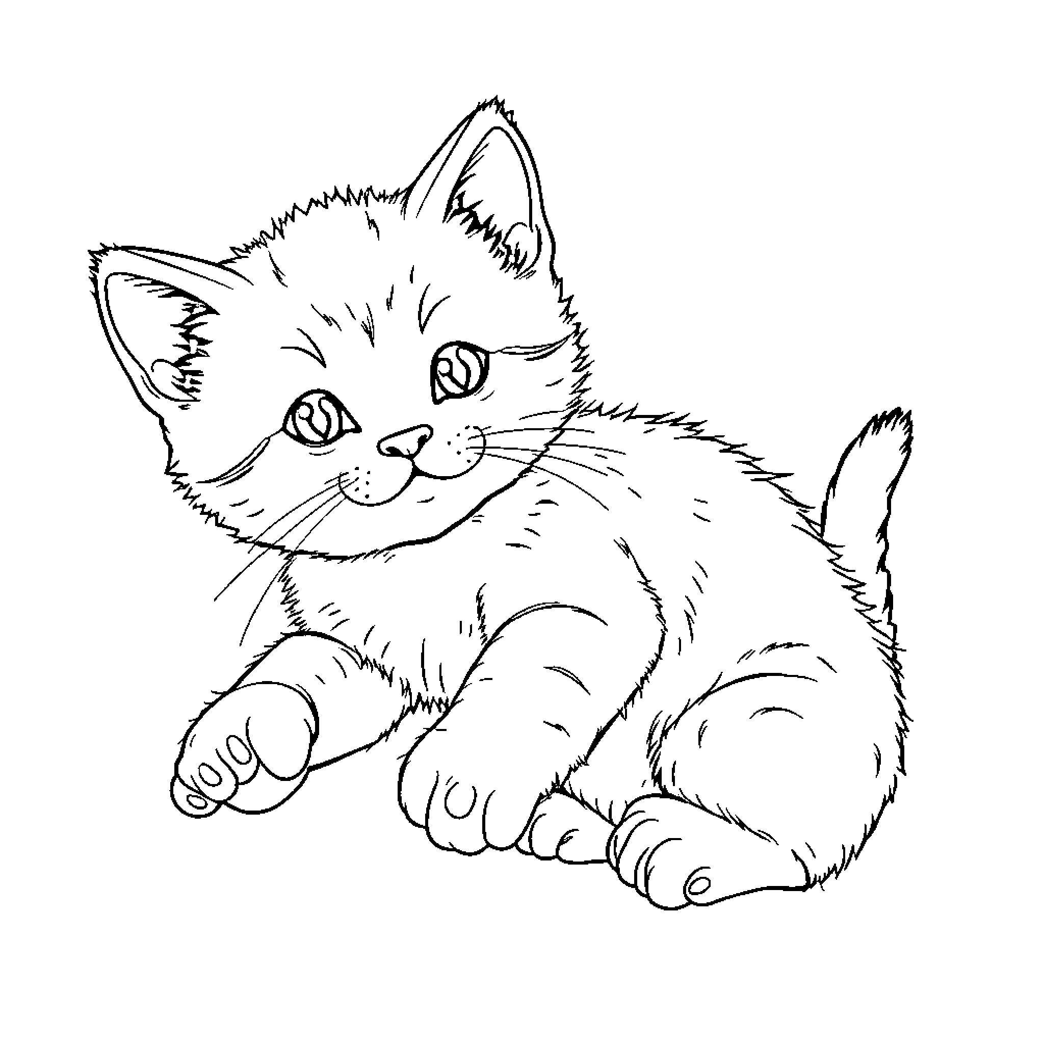 Kitten resting peacefully on the floor Coloring Page (free black-and-white line drawing printable PDF for all, from beginners to advanced learners, including children, teens, adults, and seniors)