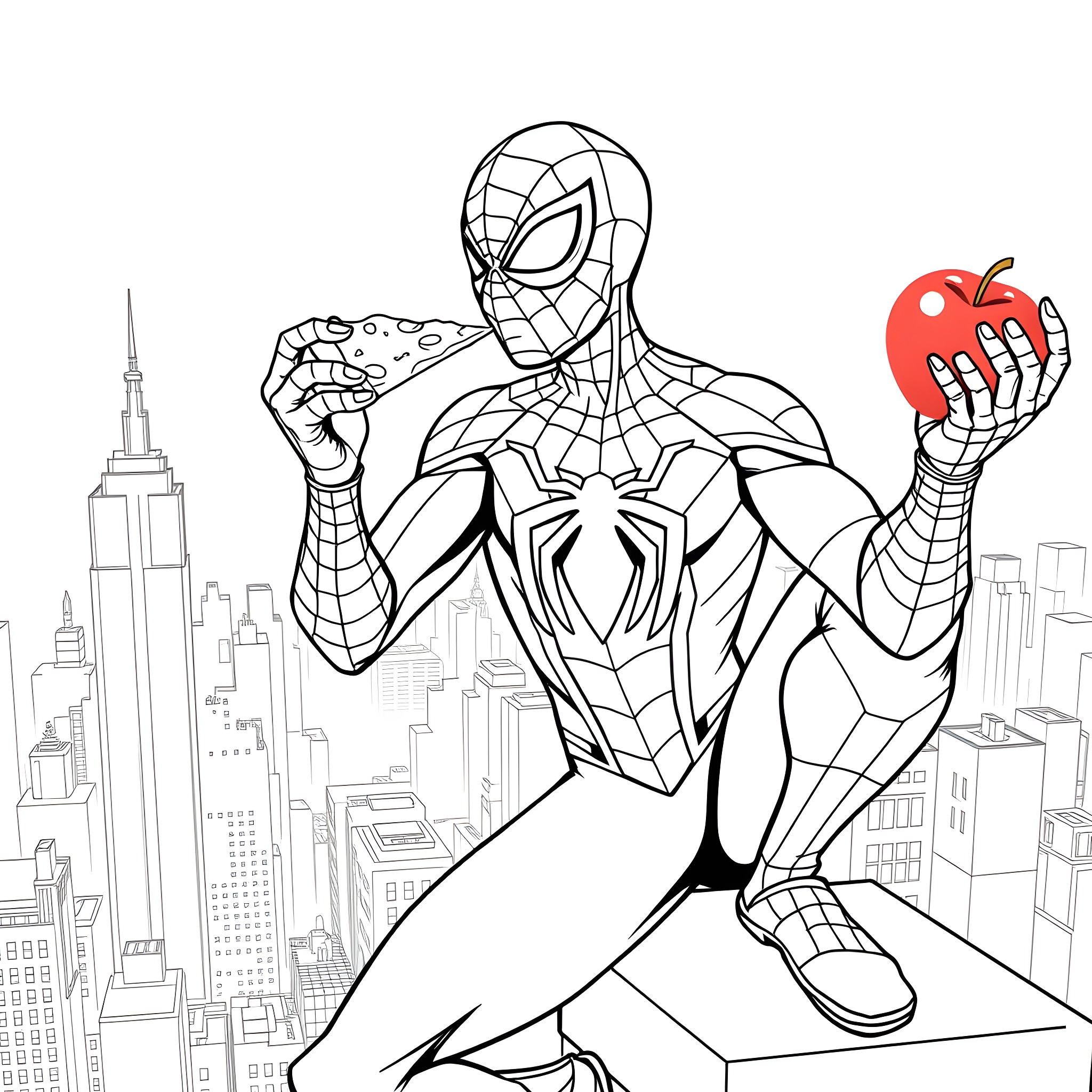 Spider-Man saving the city with apple Coloring Page (free black-and-white line drawing printable PDF for all, from beginners to advanced learners, including children, teens, adults, and seniors)