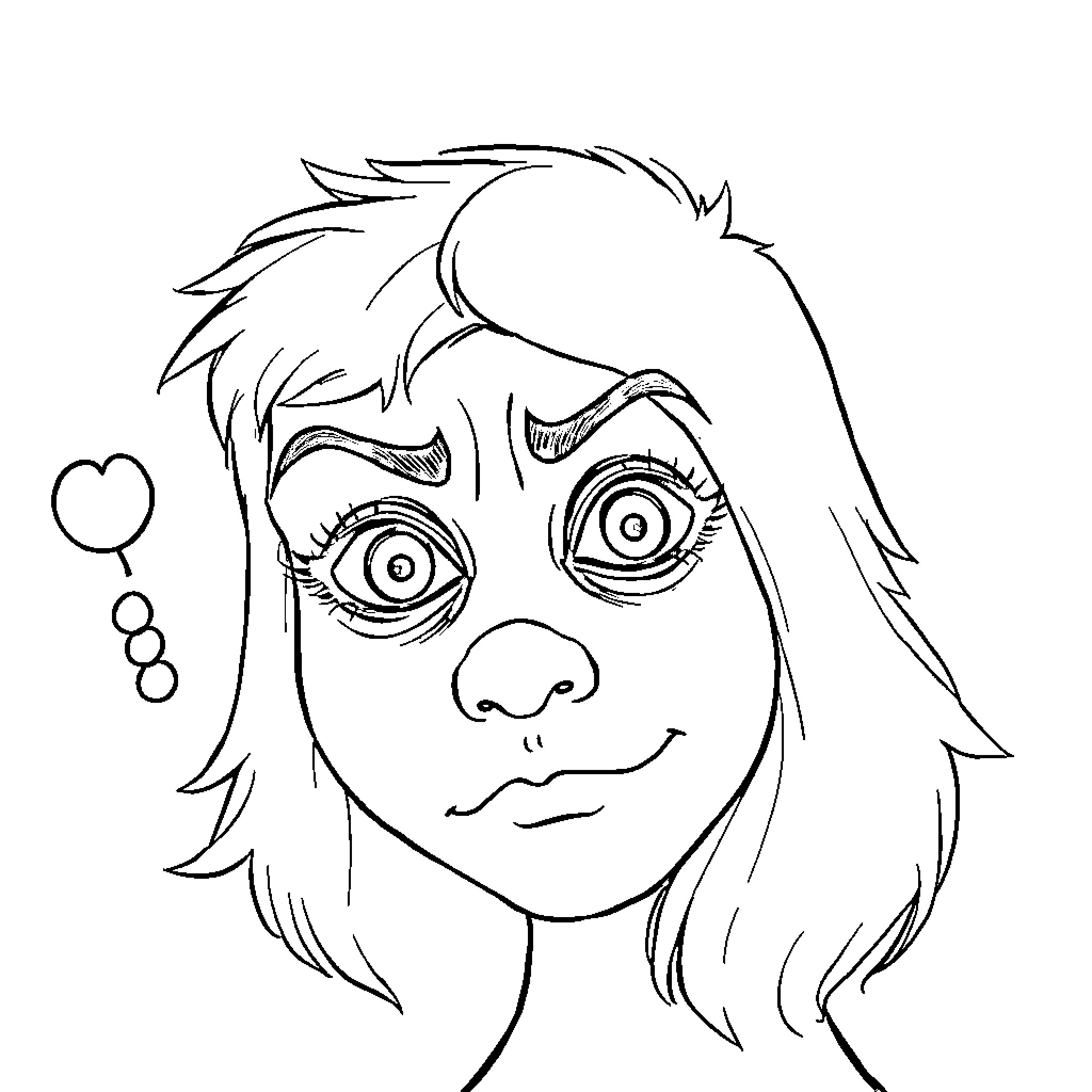 Thought Whimsical character expression sketch Coloring Page (free black-and-white line drawing printable PDF for all, from beginners to advanced learners, including children, teens, adults, and seniors)