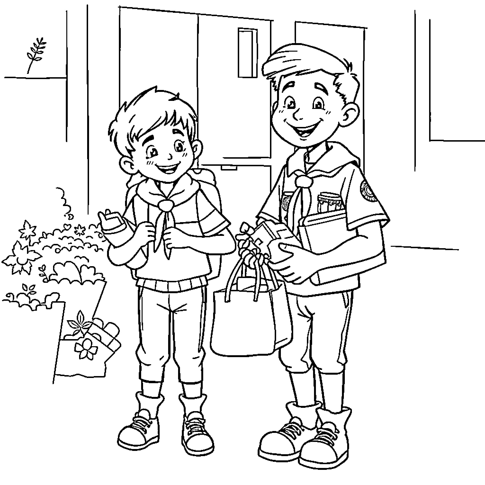 Cub Scouts Exploring and Helping in the Neighborhood Coloring Page (free black-and-white line drawing printable PDF for all, from beginners to advanced learners, including children, teens, adults, and seniors)