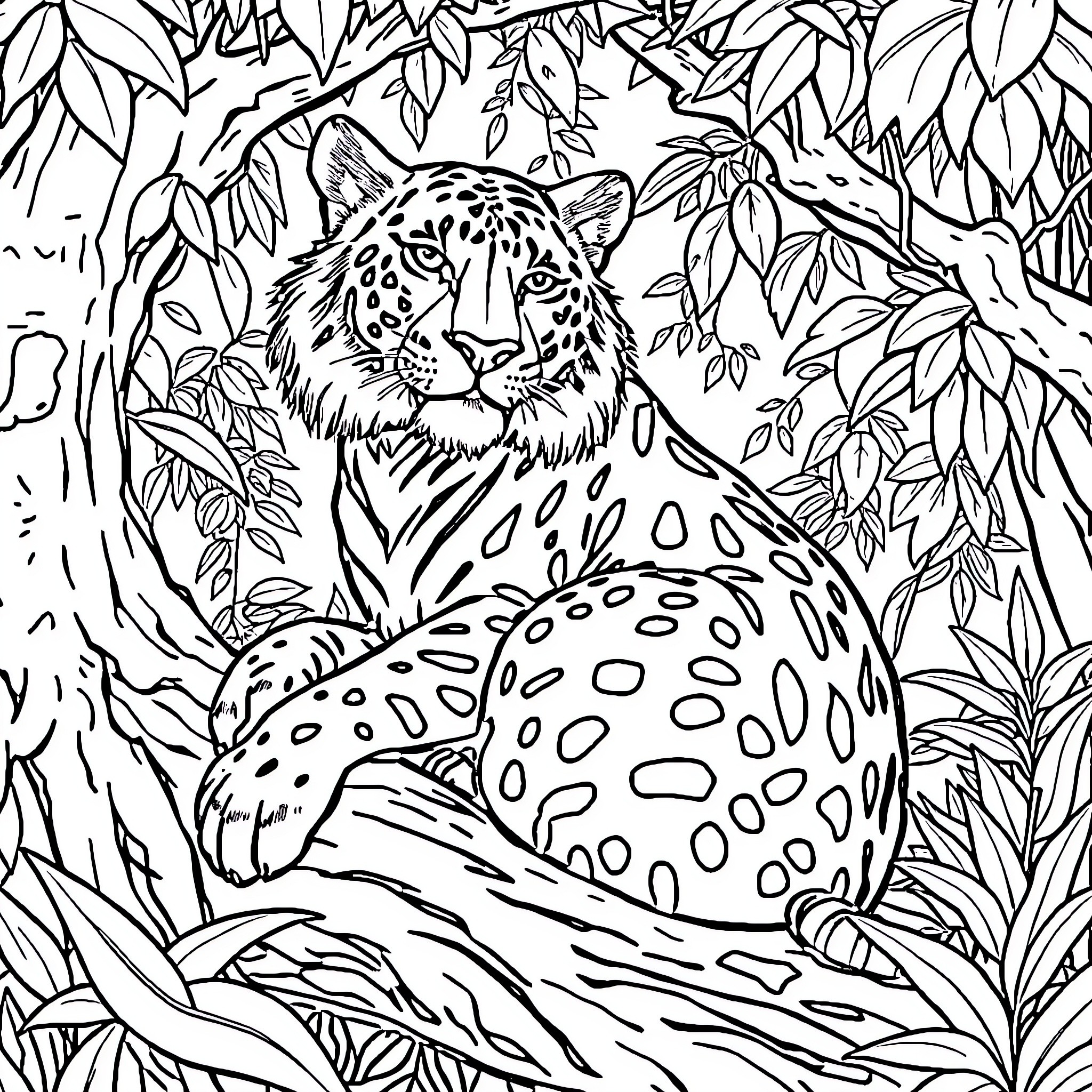 Tiger in Lush Jungle Foliage Coloring Page (free black-and-white line drawing printable PDF for all, from beginners to advanced learners, including children, teens, adults, and seniors)