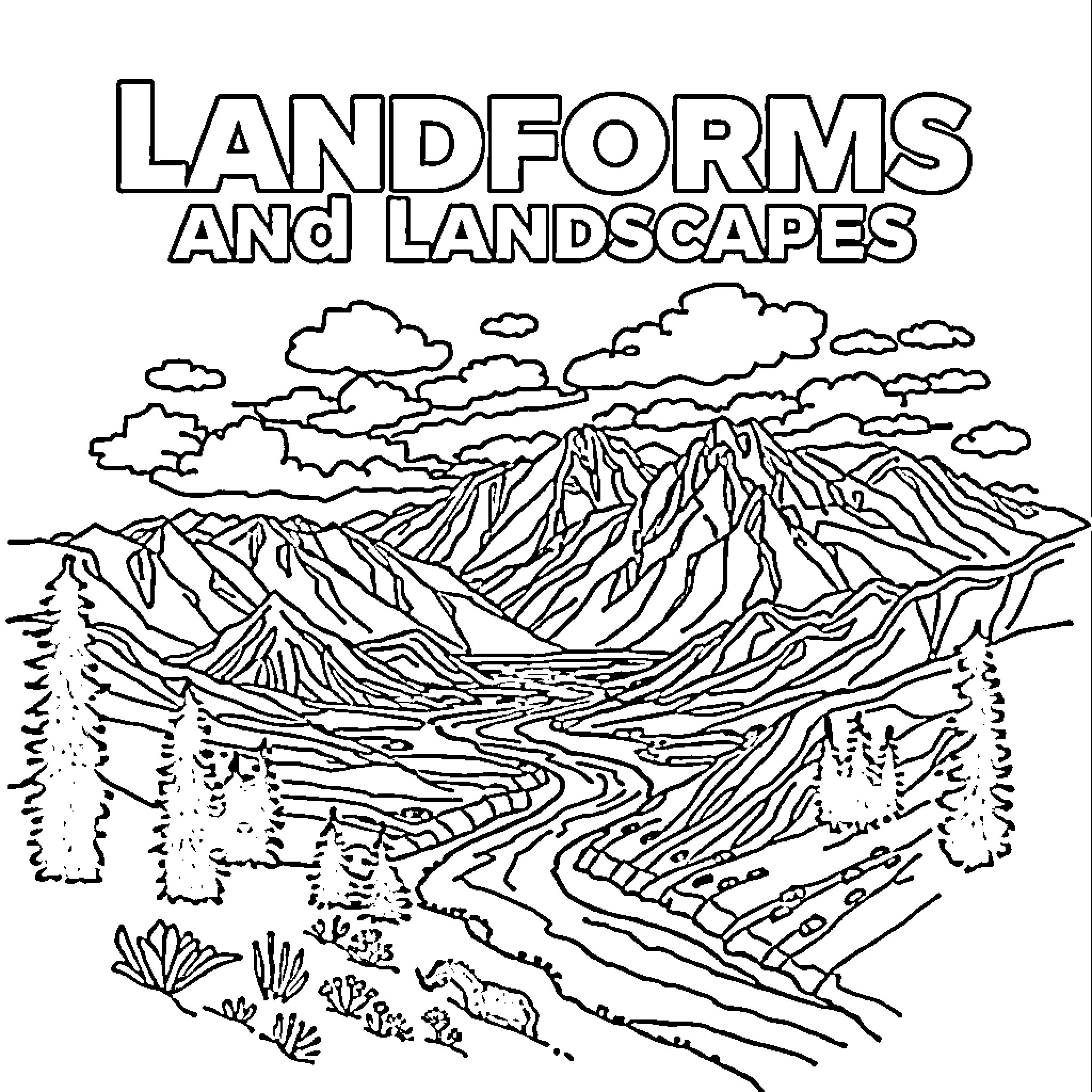 Landform of mountainous landscape with winding river Coloring Page (free black-and-white line drawing printable PDF for all, from beginners to advanced learners, including children, teens, adults, and seniors)