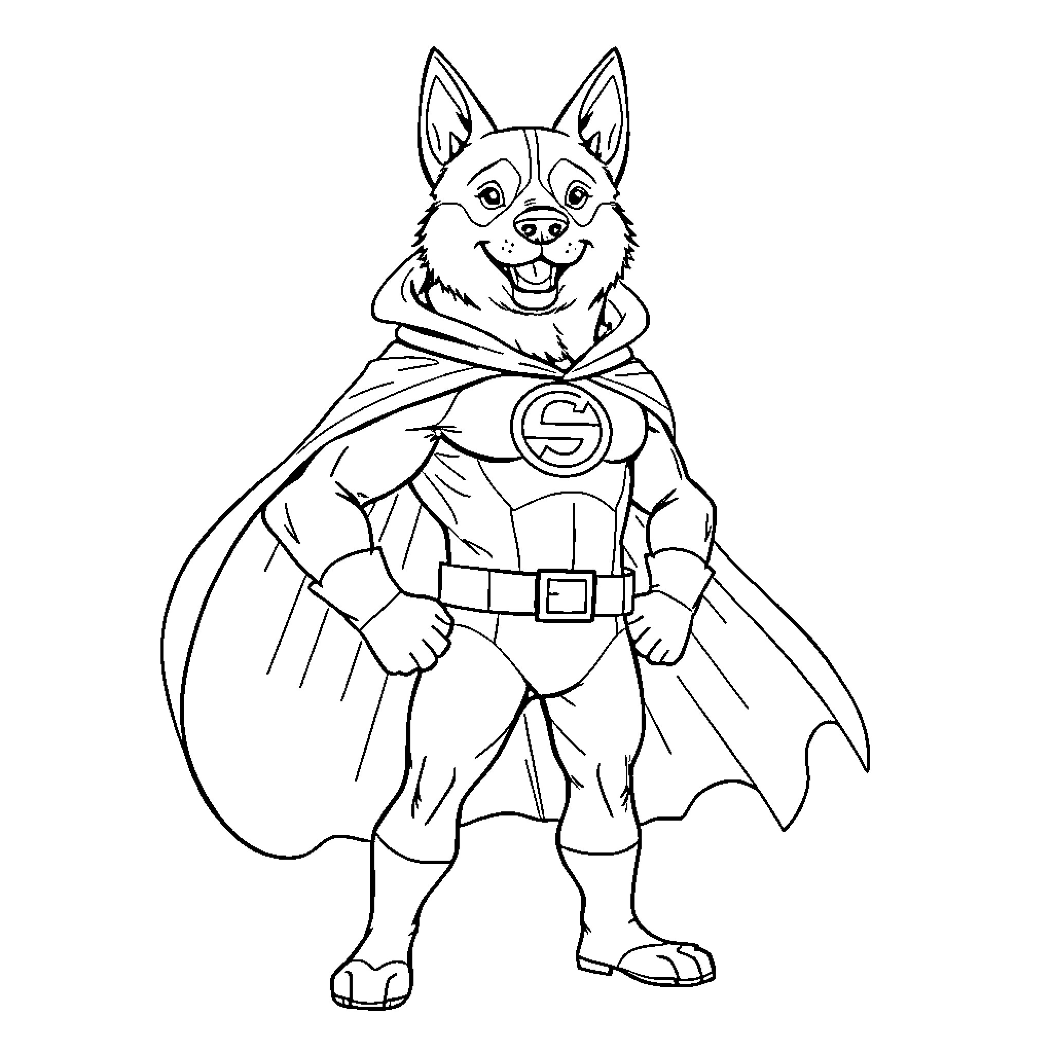 Dogman in superhero costume showing strength Coloring Page (free black-and-white line drawing printable PDF for all, from beginners to advanced learners, including children, teens, adults, and seniors)