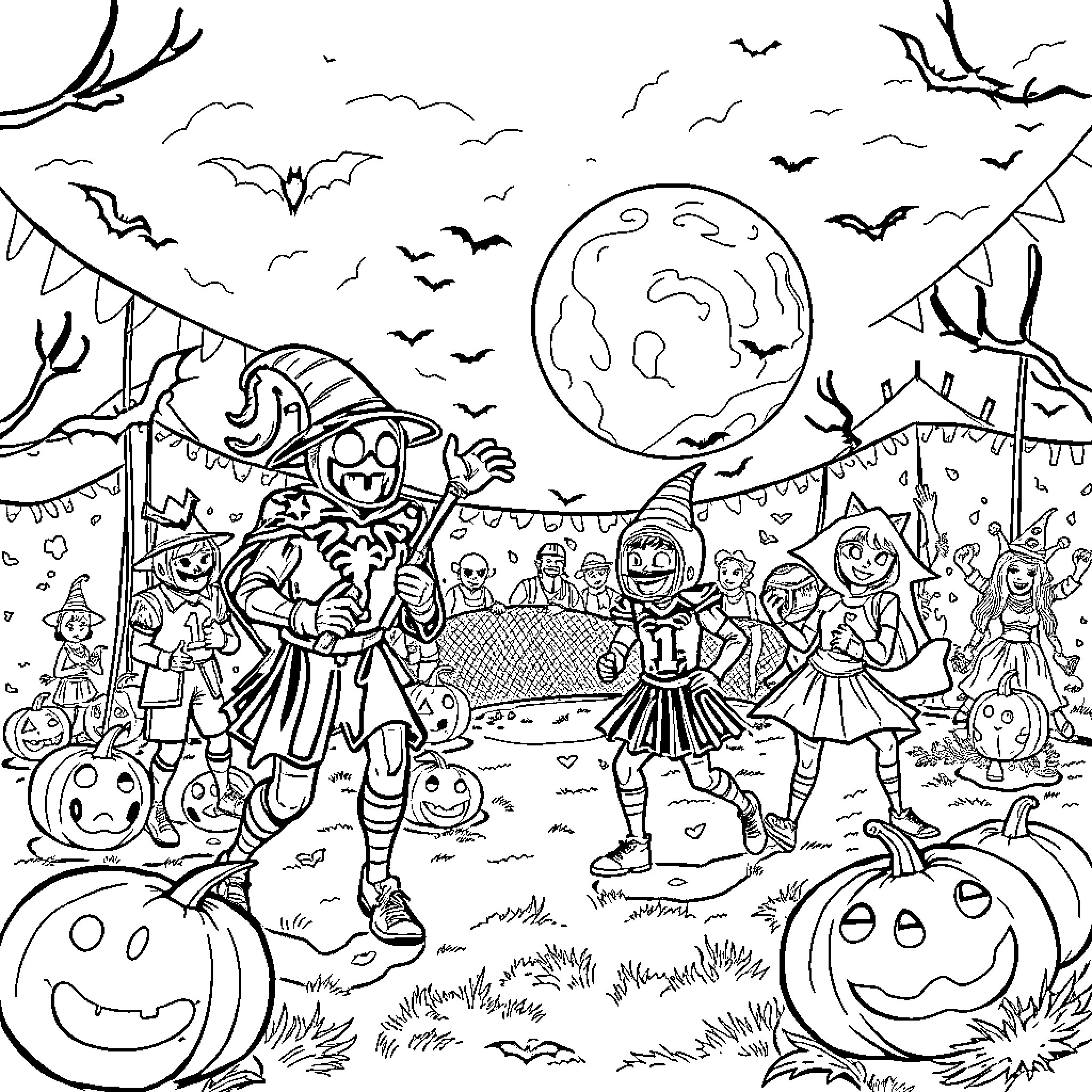 Sport of Lively Halloween Celebration Coloring Page (free black-and-white line drawing printable PDF for all, from beginners to advanced learners, including children, teens, adults, and seniors)