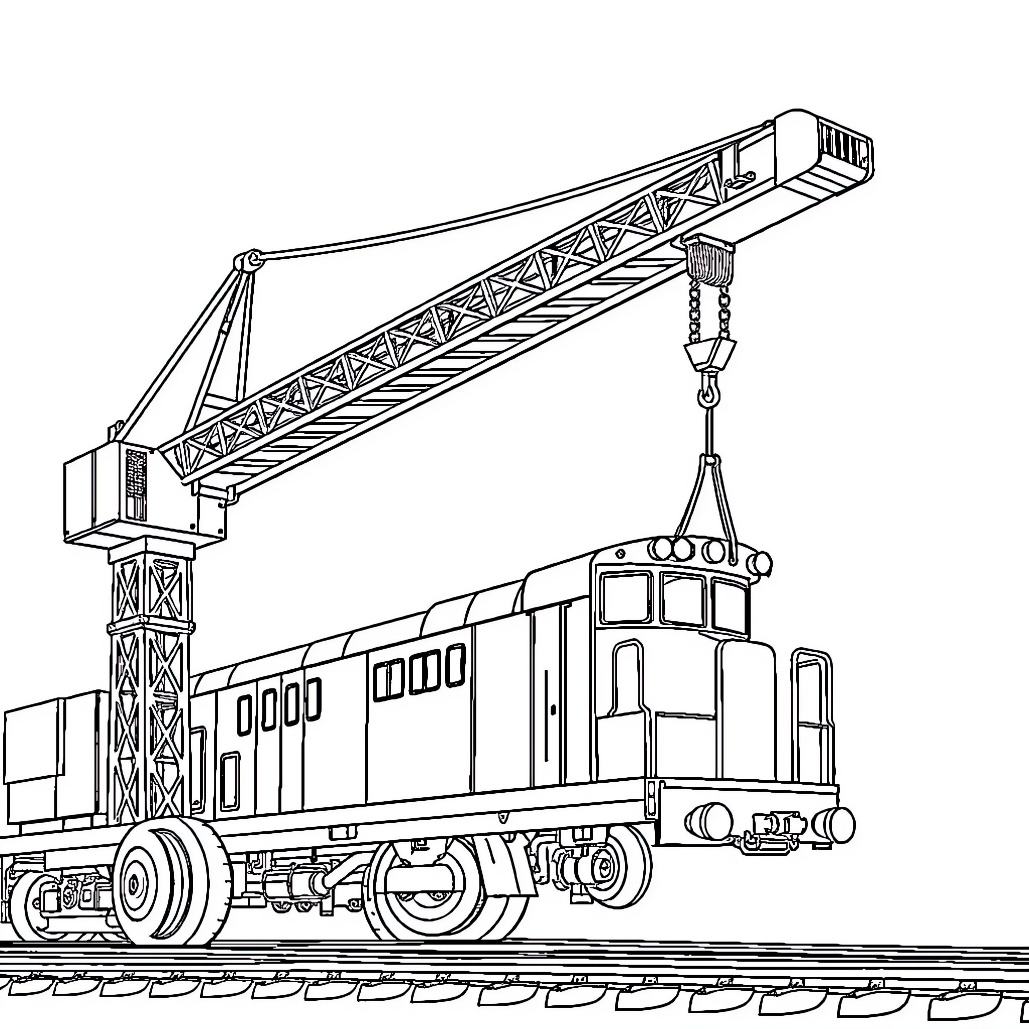 Crane lifting cargo container on train tracks Coloring Page (free black-and-white line drawing printable PDF for all, from beginners to advanced learners, including children, teens, adults, and seniors)