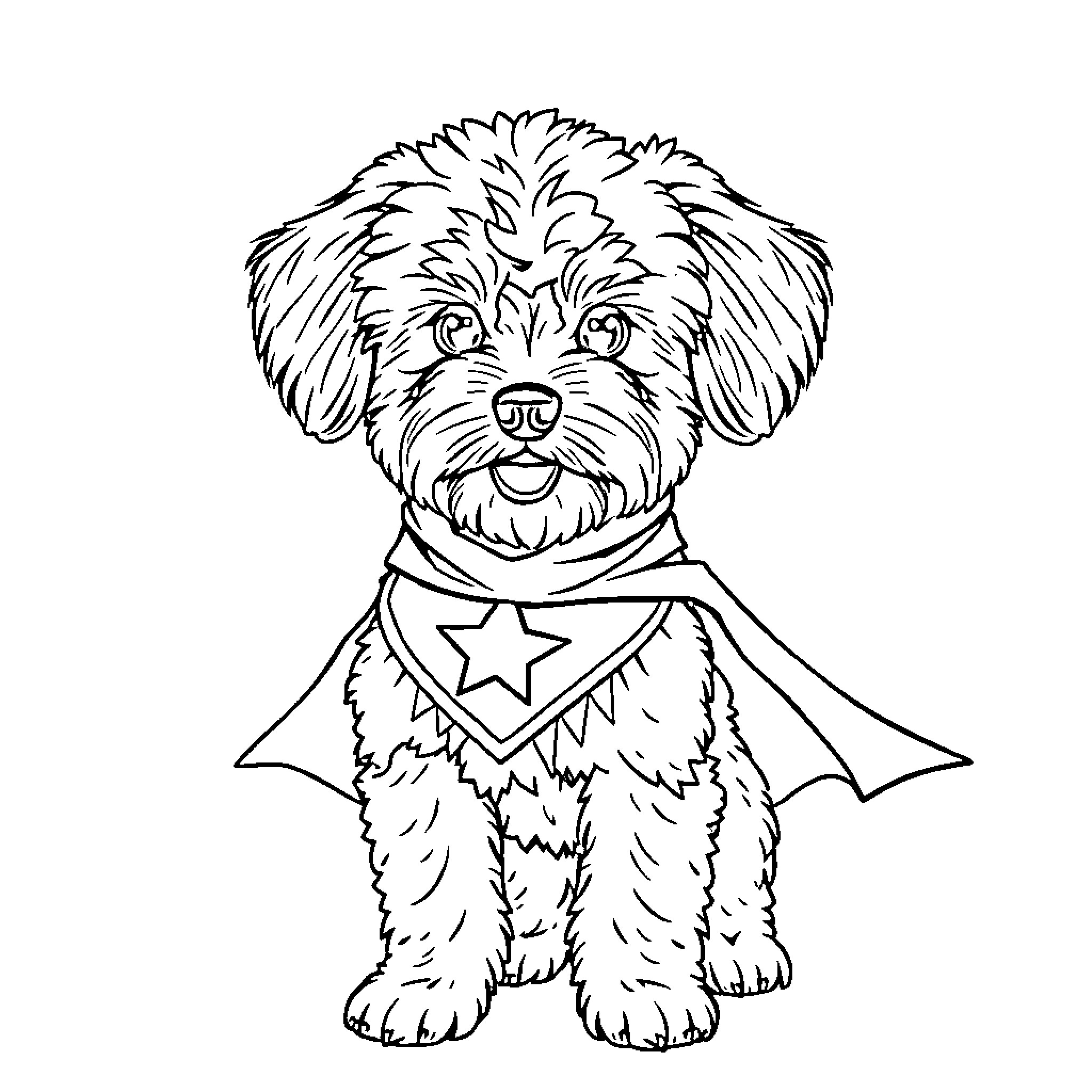 Cavapoo superhero dog with cape Coloring Page (free black-and-white line drawing printable PDF for all, from beginners to advanced learners, including children, teens, adults, and seniors)