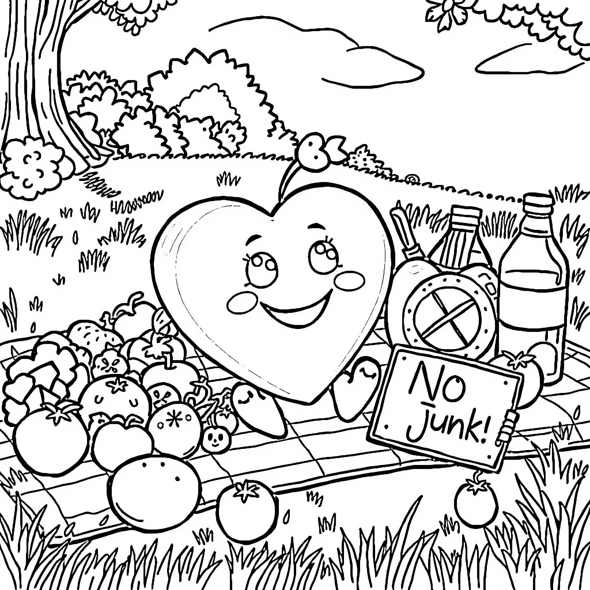 Heart Saying No to Junk in the Countryside Coloring Page (free black-and-white line drawing printable PDF for all, from beginners to advanced learners, including children, teens, adults, and seniors)