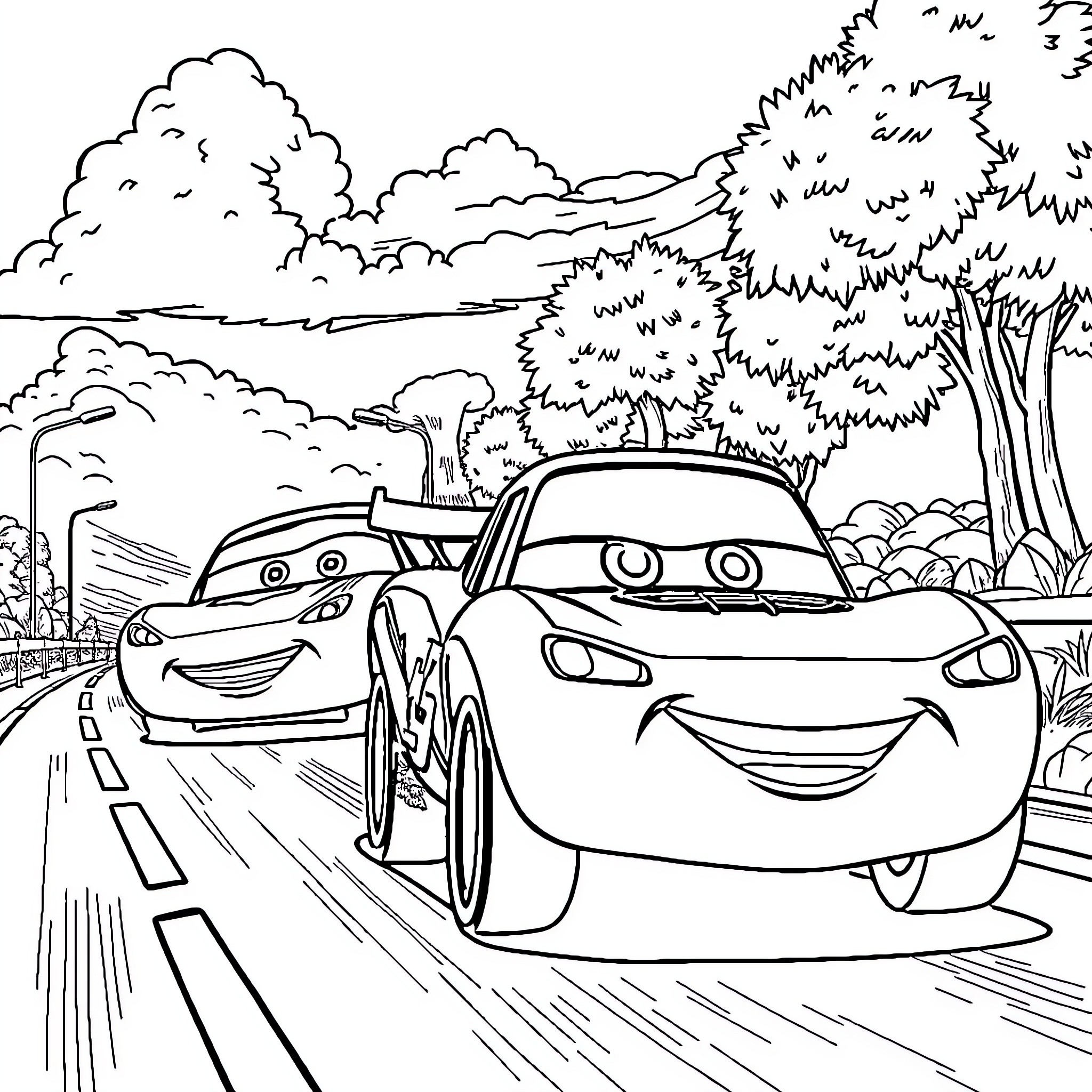 Car characters on a winding road through a forest Coloring Page (free black-and-white line drawing printable PDF for all, from beginners to advanced learners, including children, teens, adults, and seniors)