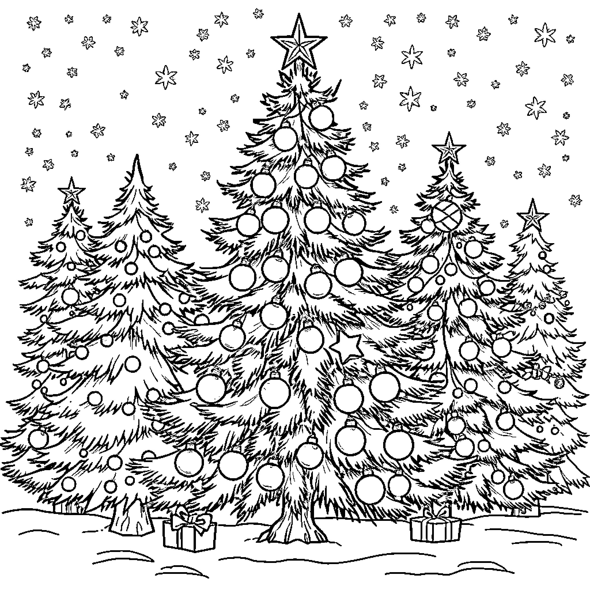 Christmas Tree Decorations and Snowy Scenery Coloring Page (free black-and-white line drawing printable PDF for all, from beginners to advanced learners, including children, teens, adults, and seniors)