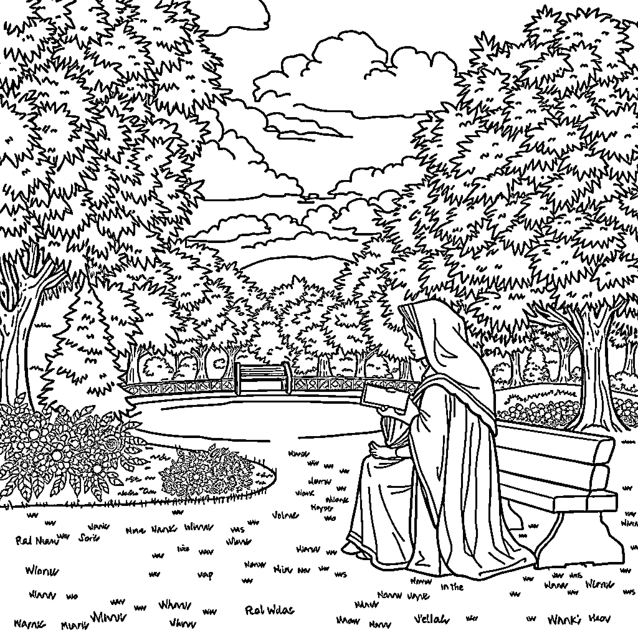 Señora enjoying a peaceful moment in the garden Coloring Page (free black-and-white line drawing printable PDF for all, from beginners to advanced learners, including children, teens, adults, and seniors)