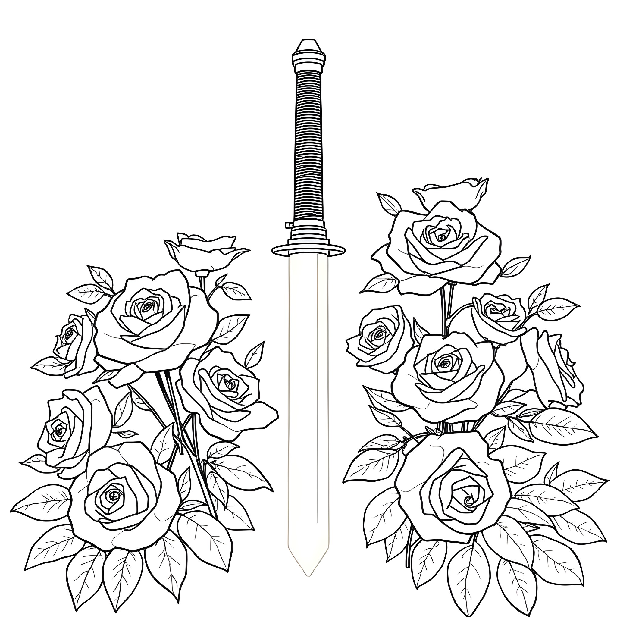 Lightsaber surrounded by blooming roses Coloring Page (free black-and-white line drawing printable PDF for all, from beginners to advanced learners, including children, teens, adults, and seniors)