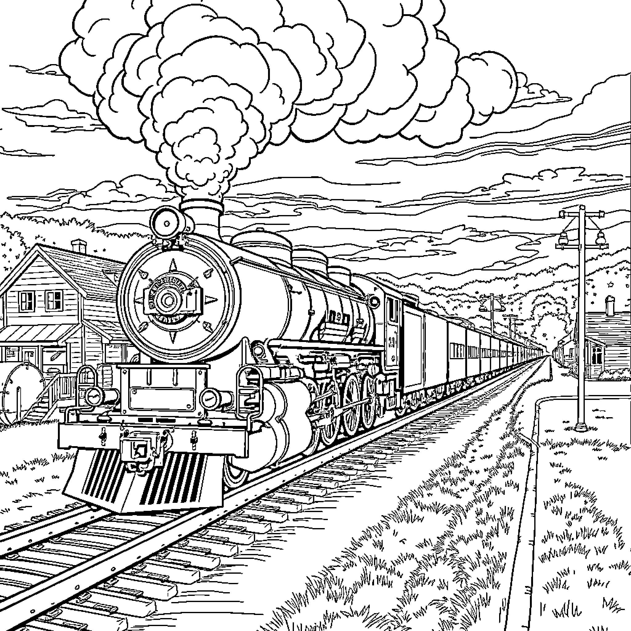 Locomotive Traversing Rural Landscape with Billowing Smoke Coloring Page (free black-and-white line drawing printable PDF for all, from beginners to advanced learners, including children, teens, adults, and seniors)