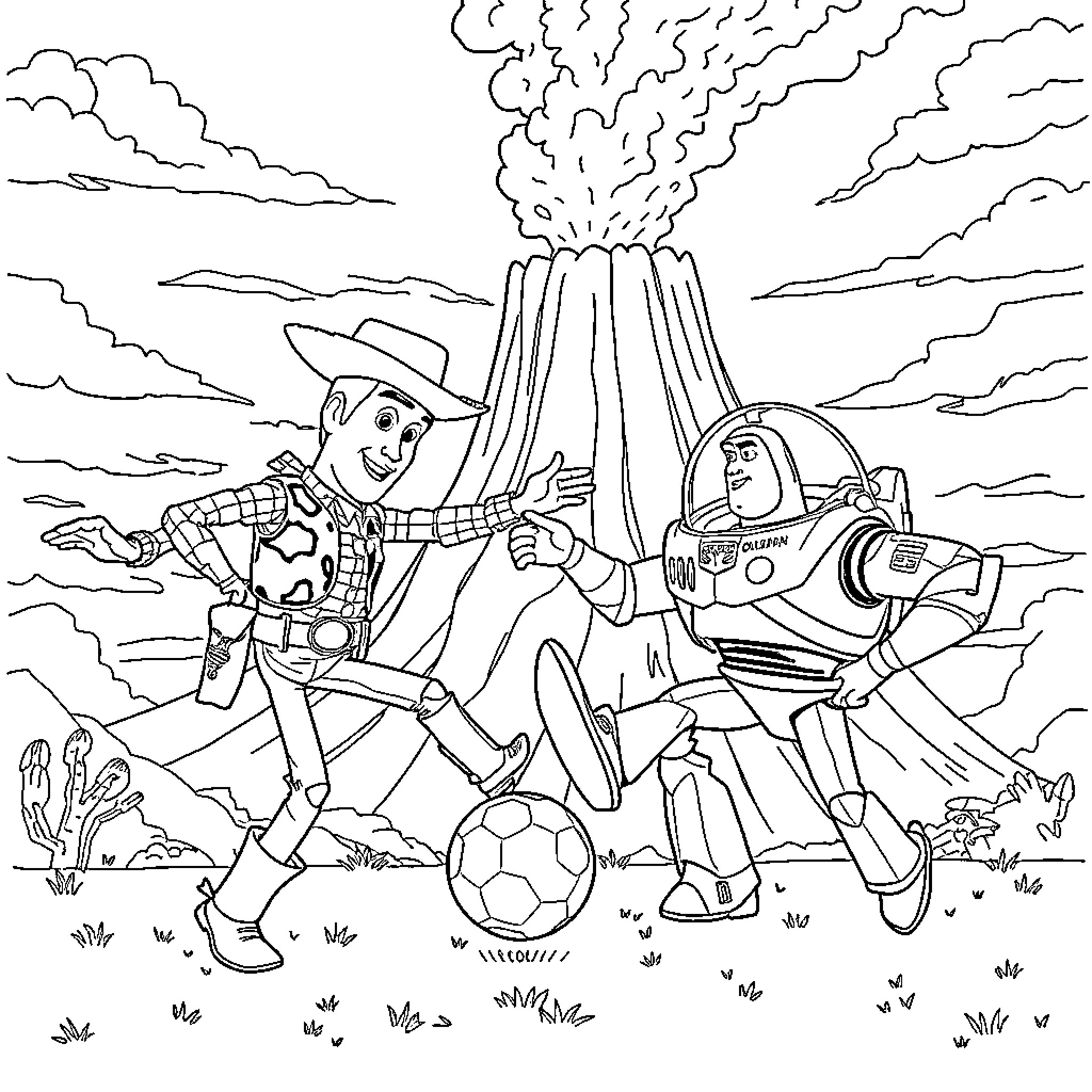 Woody and Buzz Lightyear playing soccer in a volcanic landscape Coloring Page (free black-and-white line drawing printable PDF for all, from beginners to advanced learners, including children, teens, adults, and seniors)