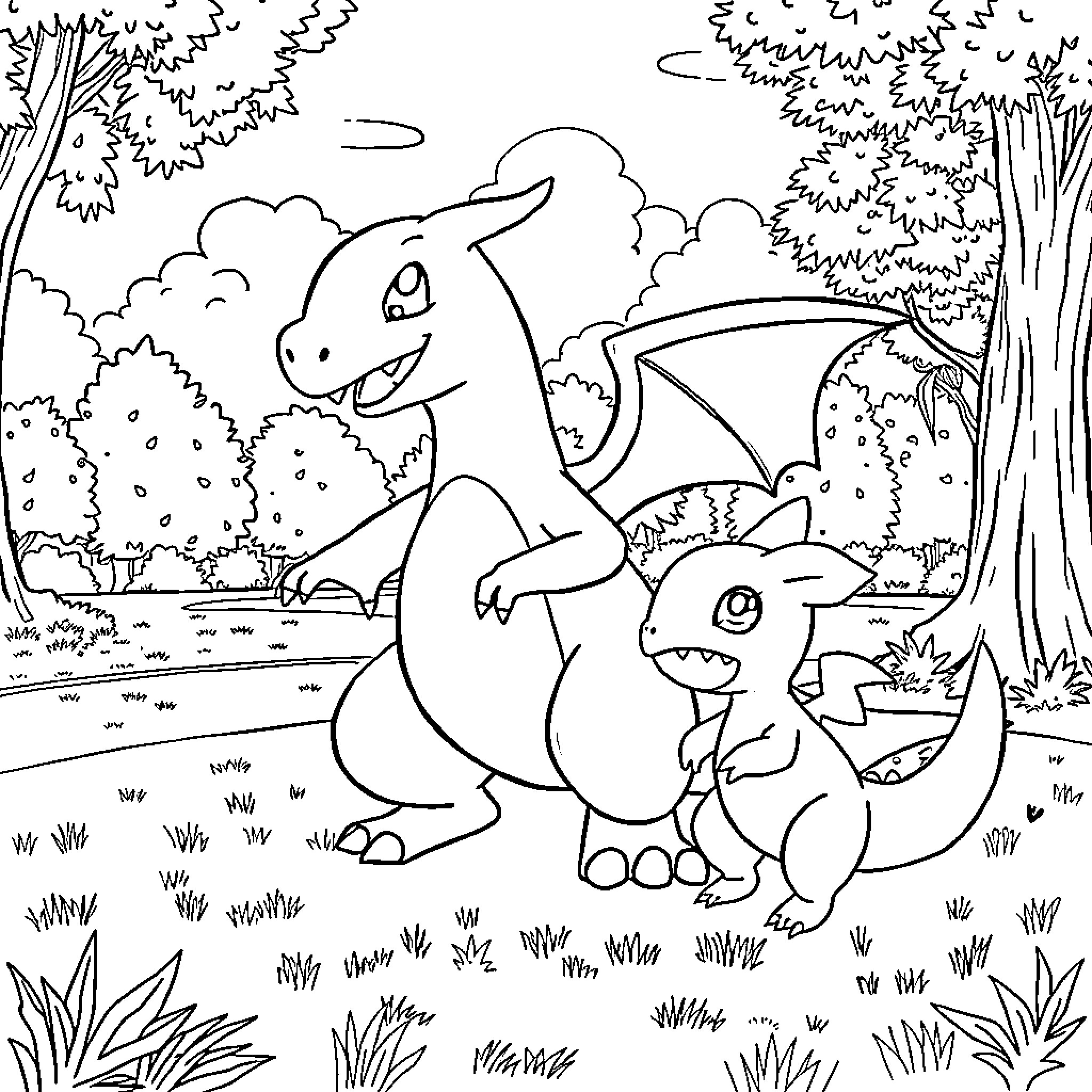 Charizard and Charmander exploring the forest Coloring Page (free black-and-white line drawing printable PDF for all, from beginners to advanced learners, including children, teens, adults, and seniors)