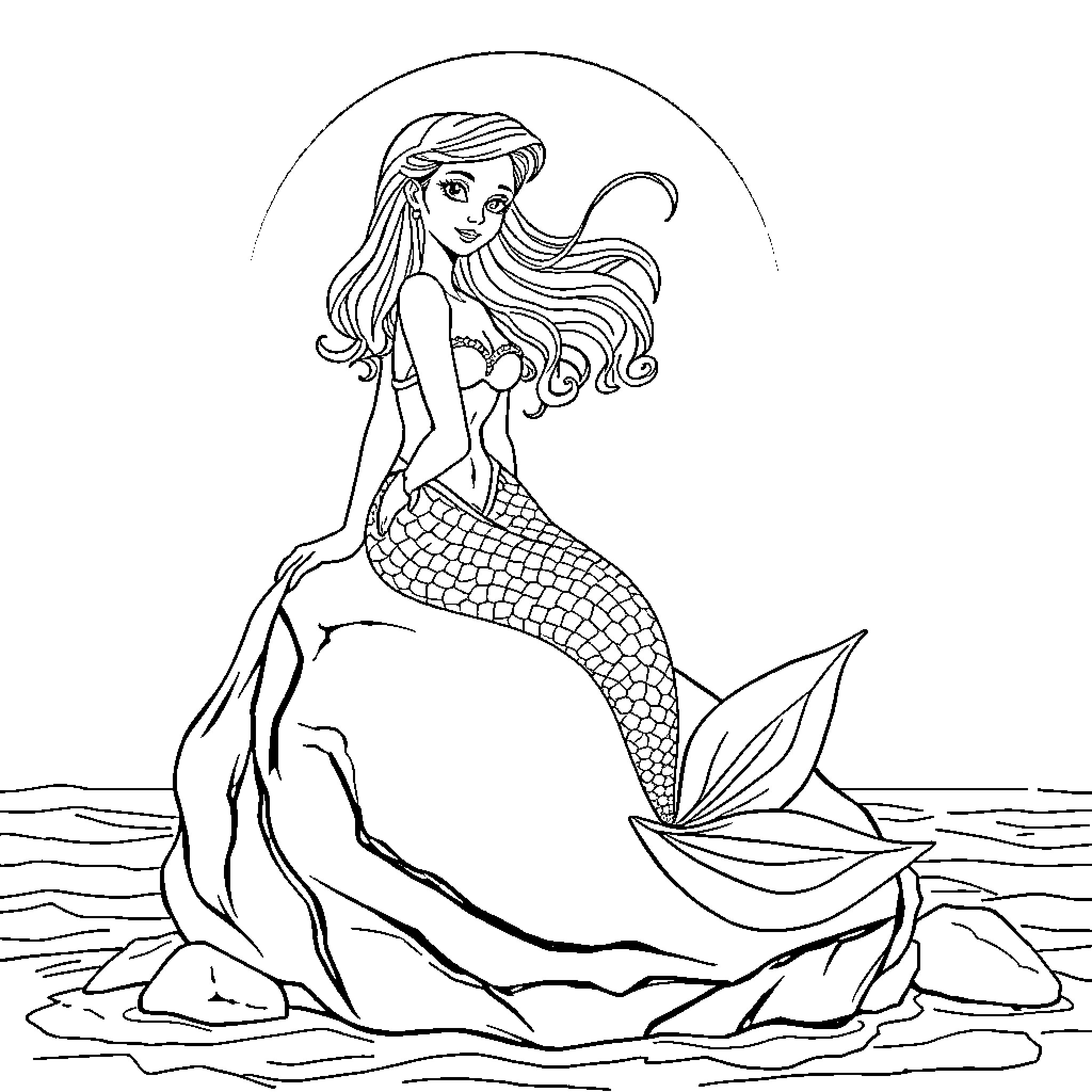 Mermaid sitting on a rock in the ocean Coloring Page (free black-and-white line drawing printable PDF for all, from beginners to advanced learners, including children, teens, adults, and seniors)