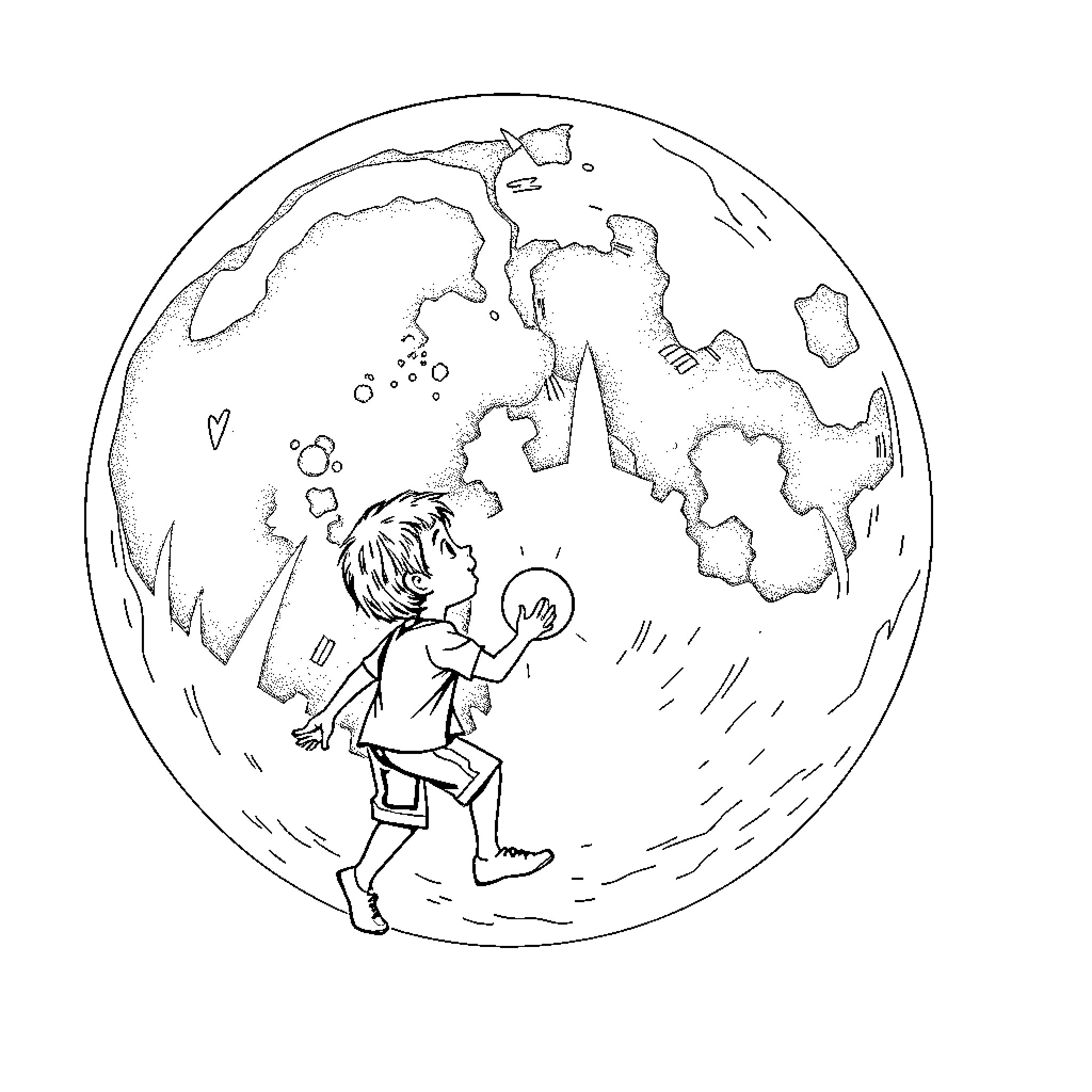 Boy exploring the moon's surface Coloring Page (free black-and-white line drawing printable PDF for all, from beginners to advanced learners, including children, teens, adults, and seniors)