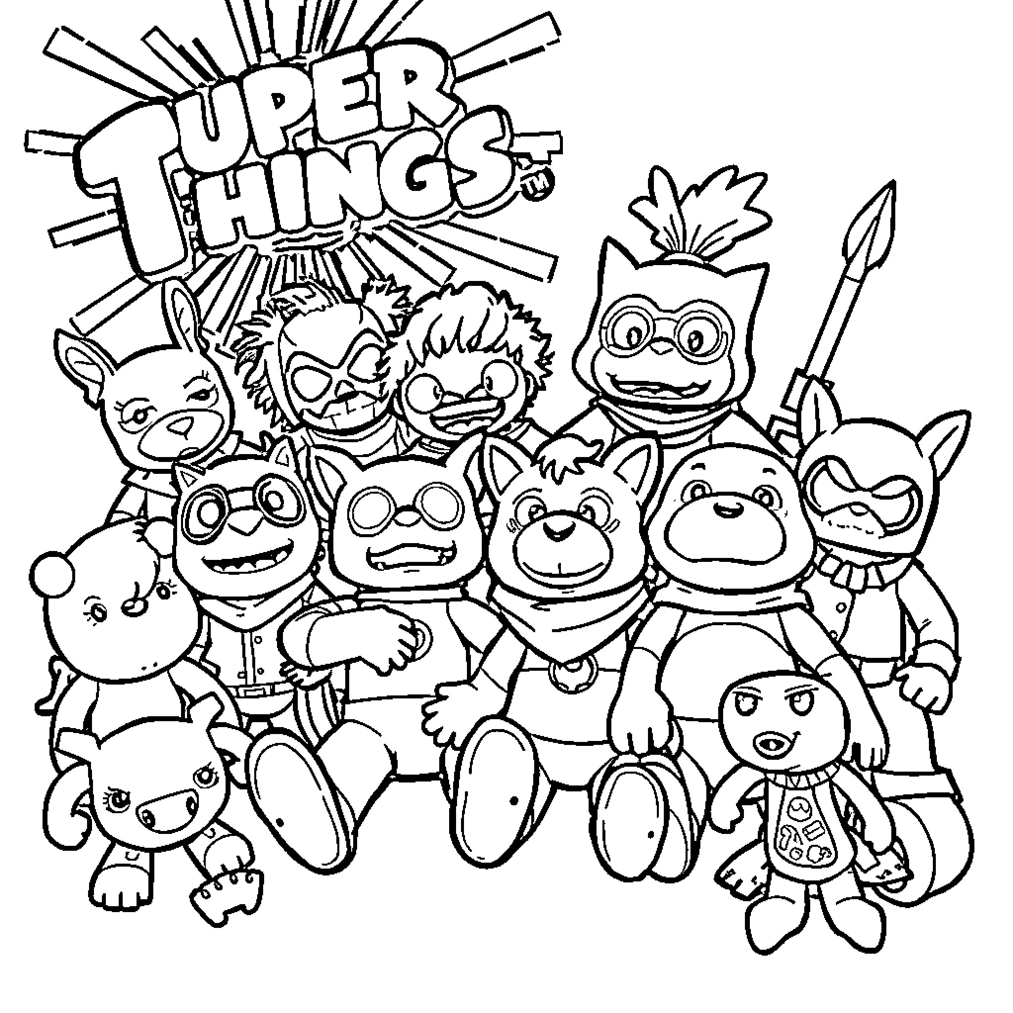 Superthings: Group of Quirky and Playful Characters Coloring Page (free black-and-white line drawing printable PDF for all, from beginners to advanced learners, including children, teens, adults, and seniors)