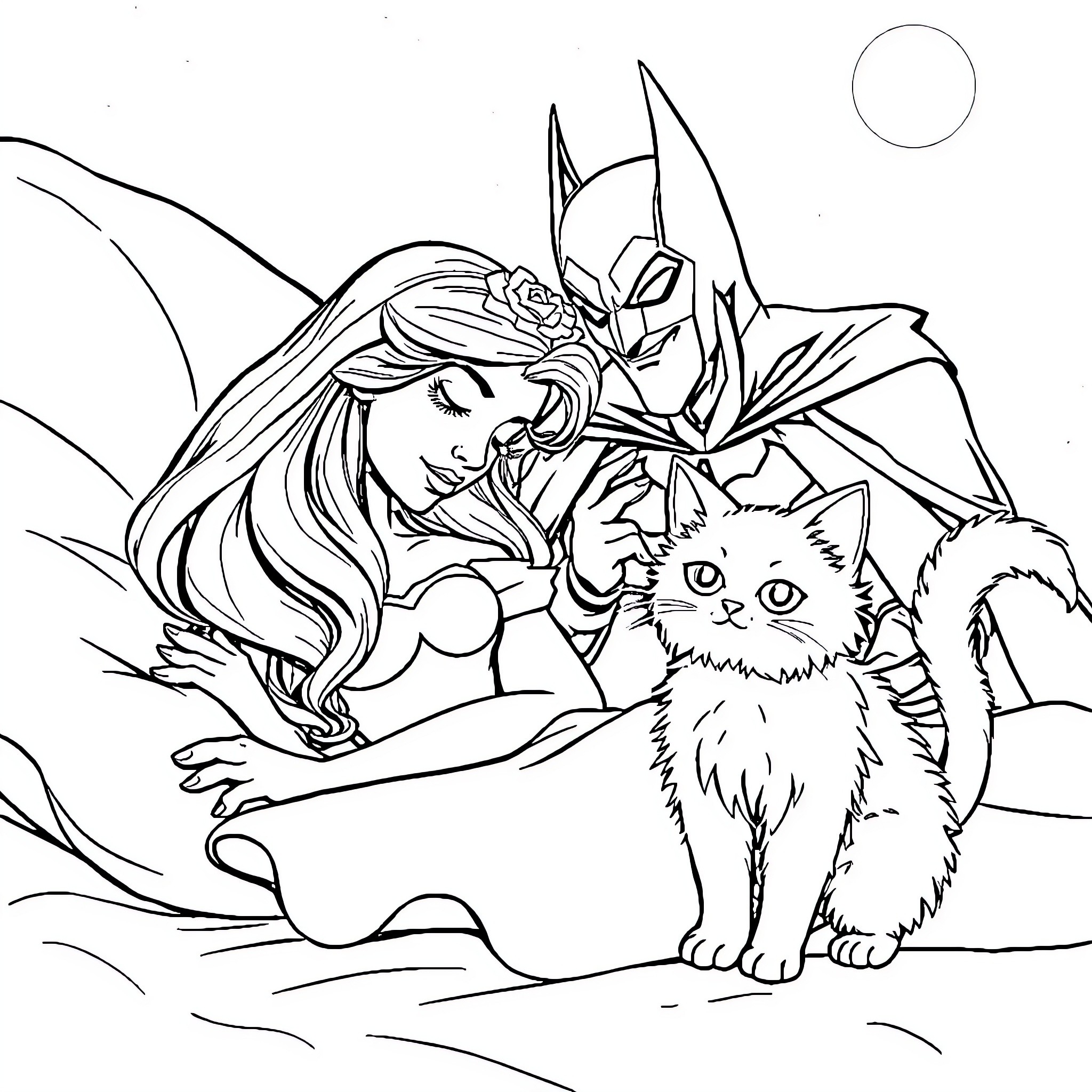 Sleeping Beauty resting with her pet kitten Coloring Page (free black-and-white line drawing printable PDF for all, from beginners to advanced learners, including children, teens, adults, and seniors)