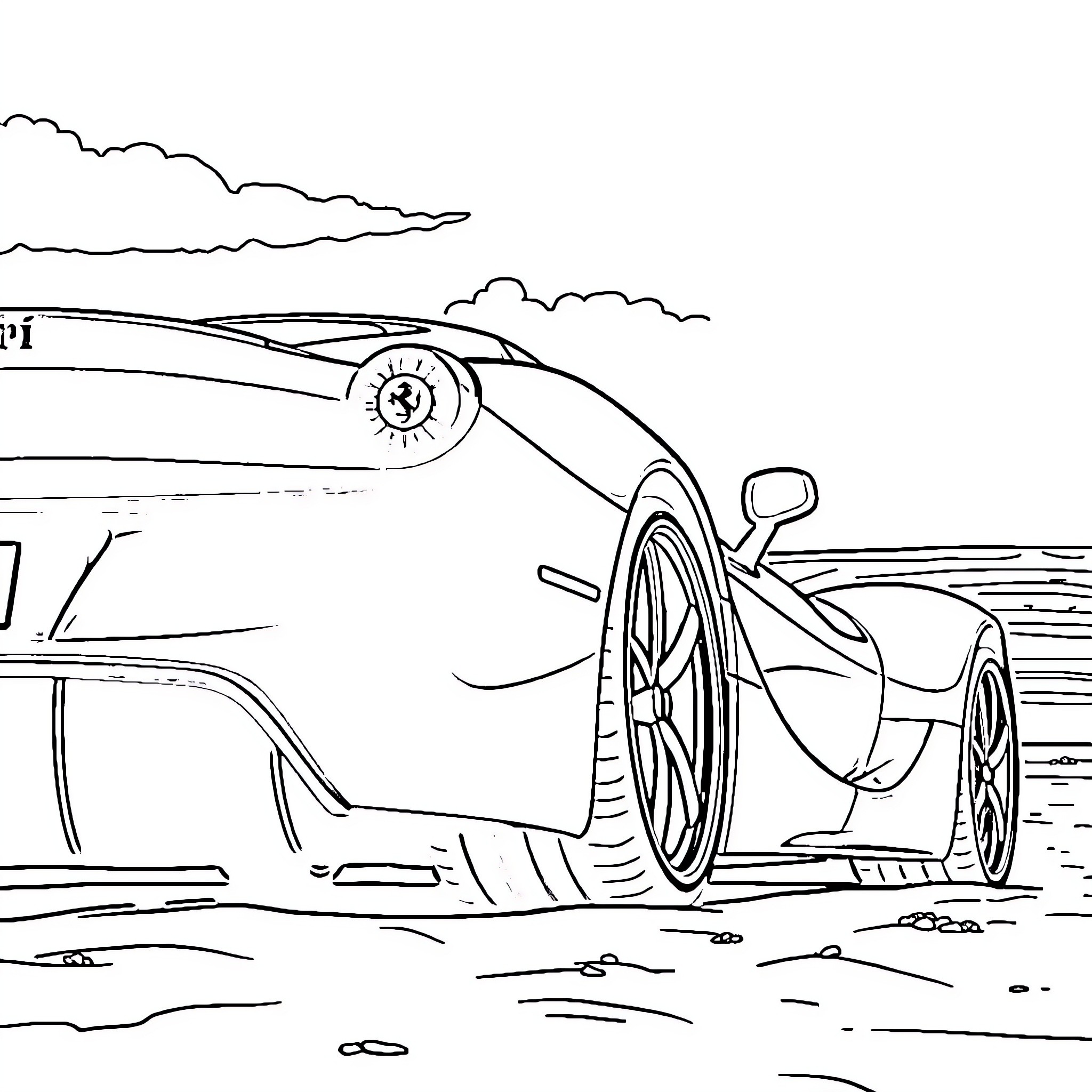 Ferrari sports car speeding through scenic landscape Coloring Page (free black-and-white line drawing printable PDF for all, from beginners to advanced learners, including children, teens, adults, and seniors)
