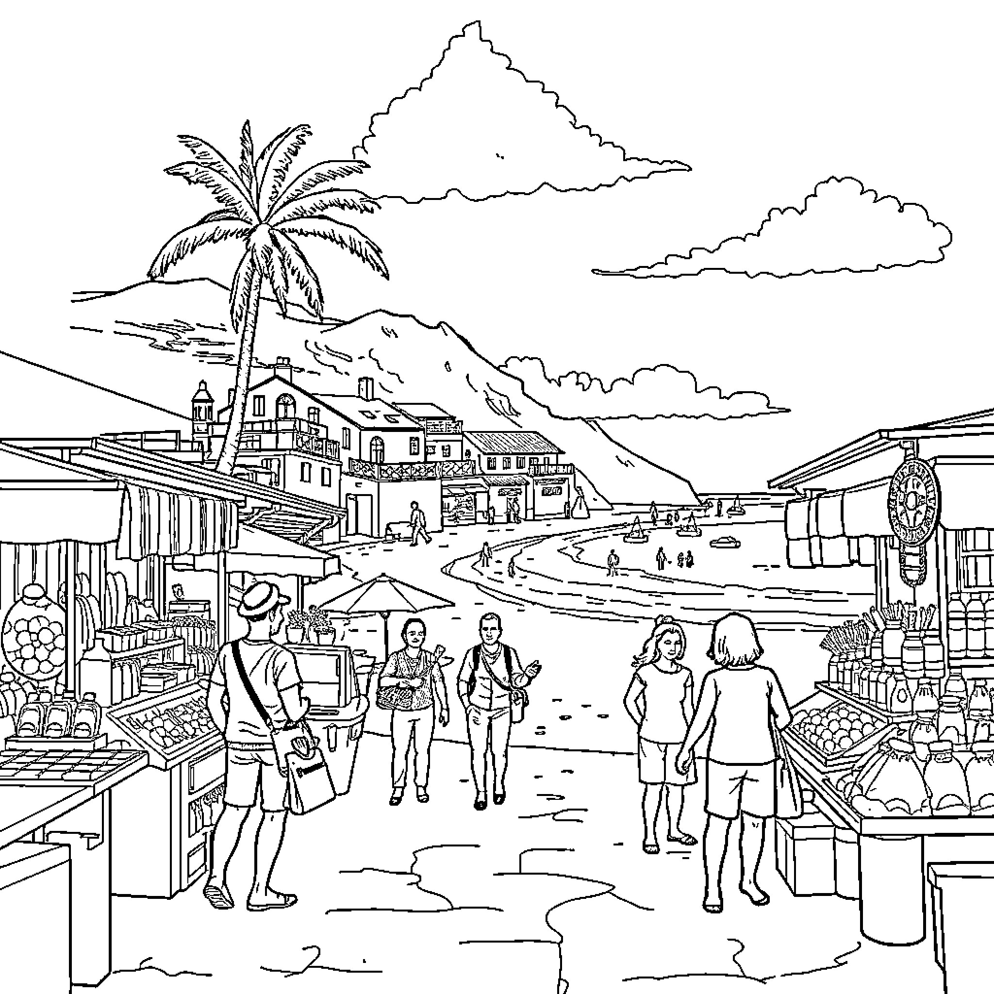 Person exploring bustling beachside market Coloring Page (free black-and-white line drawing printable PDF for all, from beginners to advanced learners, including children, teens, adults, and seniors)