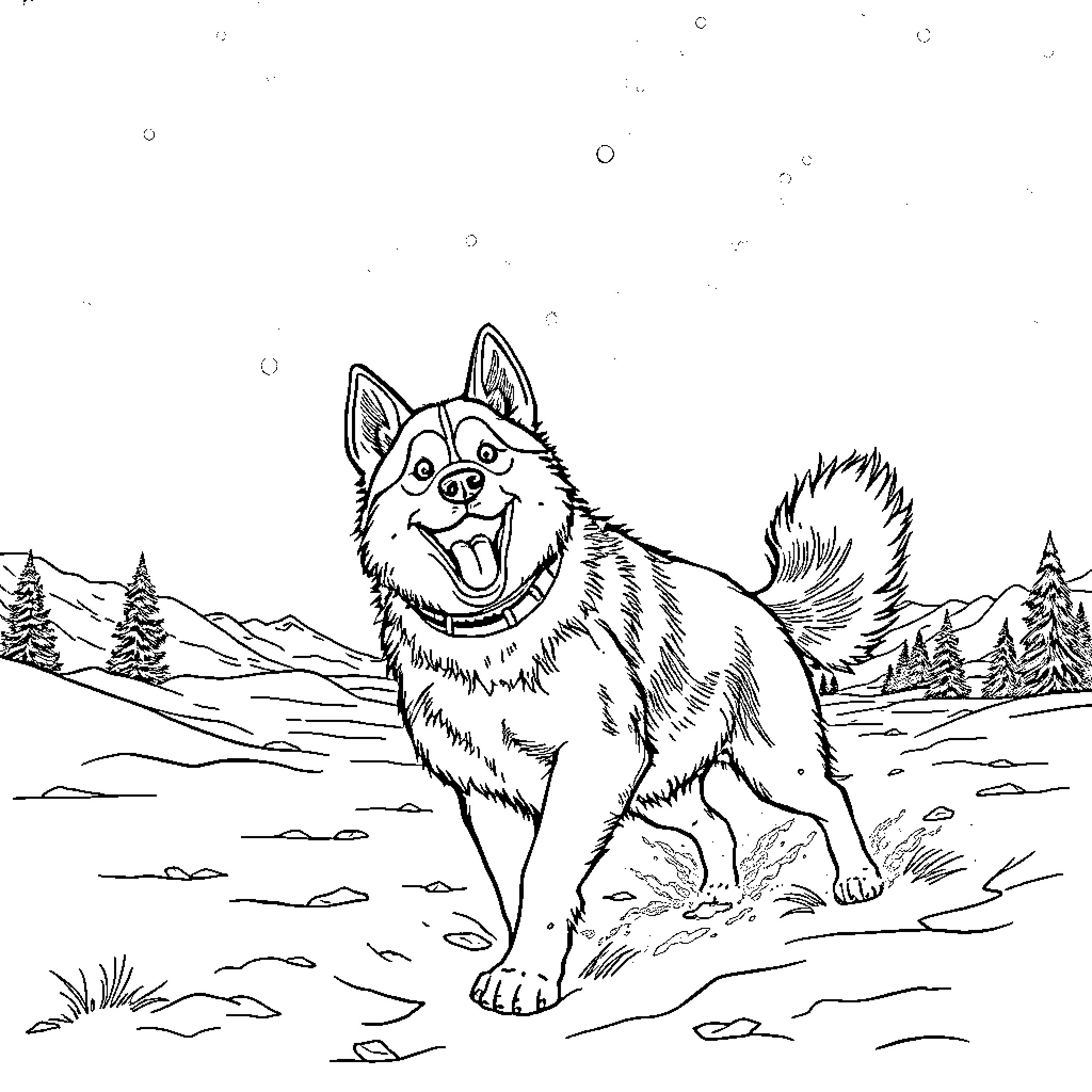 Husky happily exploring the snowy landscape Coloring Page (free black-and-white line drawing printable PDF for all, from beginners to advanced learners, including children, teens, adults, and seniors)