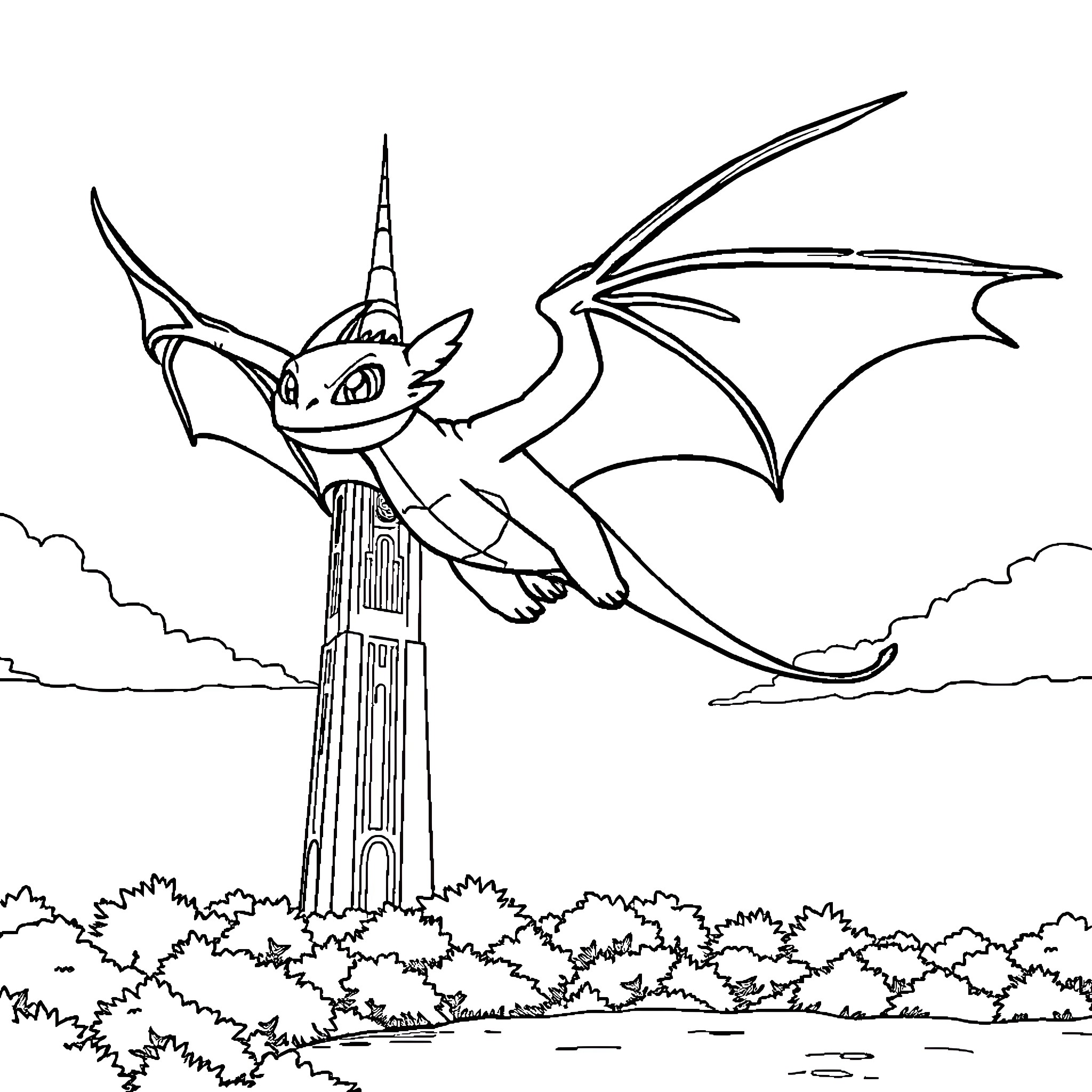 Toothless dragon soaring over a cityscape Coloring Page (free black-and-white line drawing printable PDF for all, from beginners to advanced learners, including children, teens, adults, and seniors)