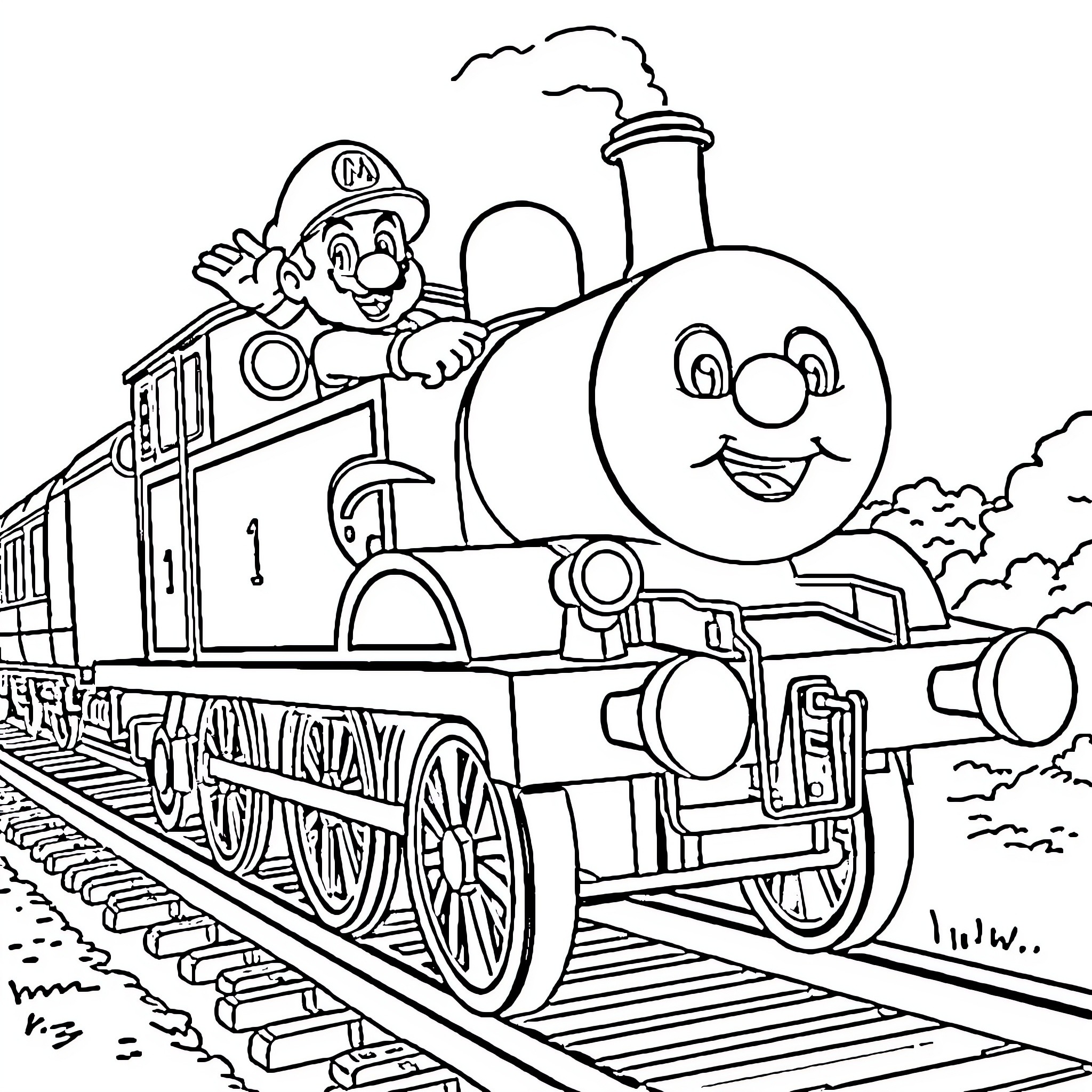 Super Mario riding a happy train locomotive Coloring Page (free black-and-white line drawing printable PDF for all, from beginners to advanced learners, including children, teens, adults, and seniors)