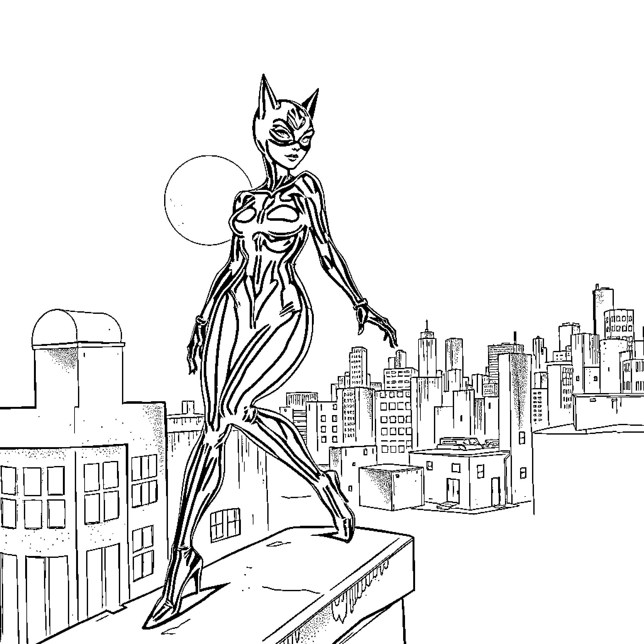 Catwoman heroic stance over city skyline Coloring Page (free black-and-white line drawing printable PDF for all, from beginners to advanced learners, including children, teens, adults, and seniors)