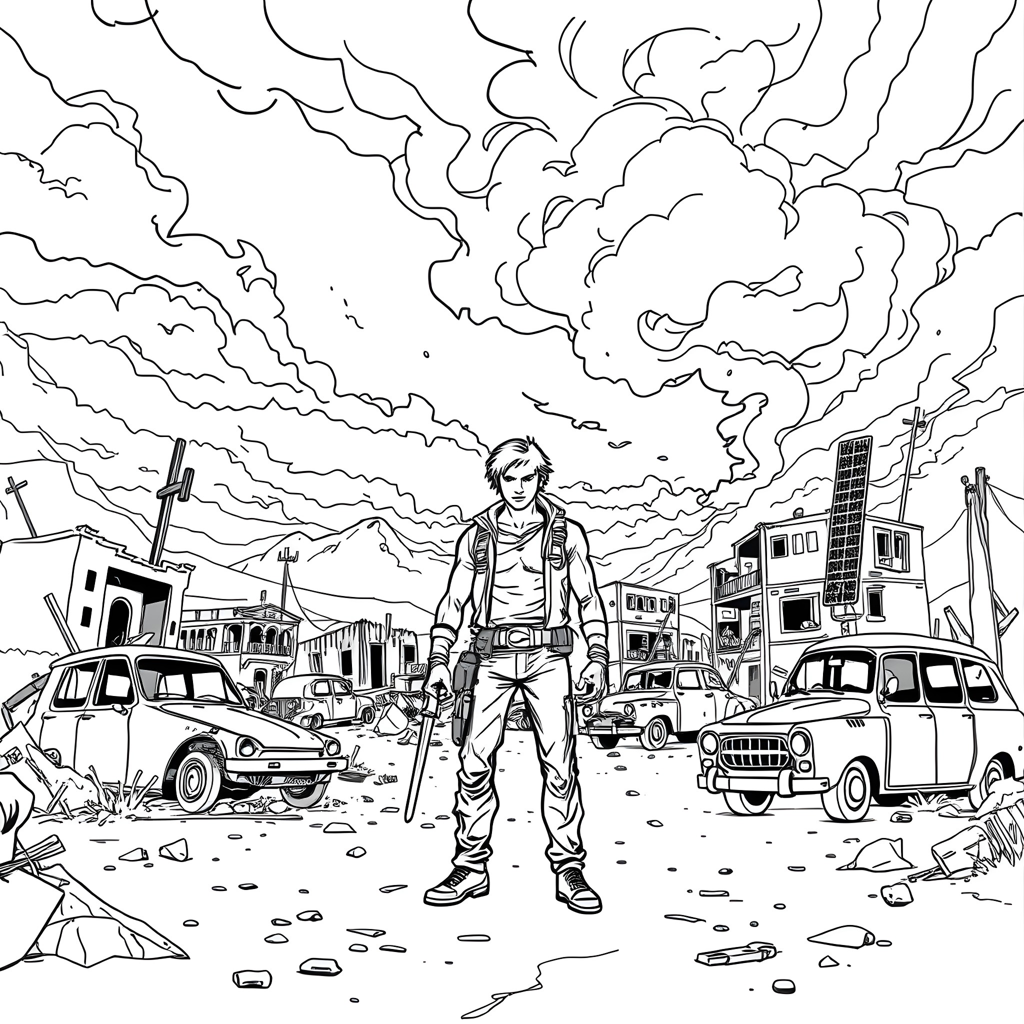 Ash navigates the post-apocalyptic landscape Coloring Page (free black-and-white line drawing printable PDF for all, from beginners to advanced learners, including children, teens, adults, and seniors)