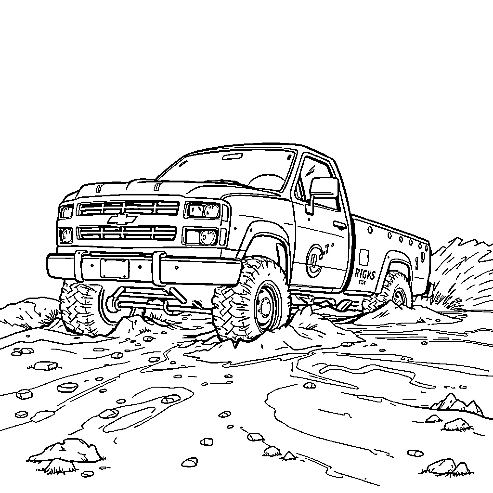 Pickup Truck Traversing Rugged Terrain Coloring Page (free black-and-white line drawing printable PDF for all, from beginners to advanced learners, including children, teens, adults, and seniors)