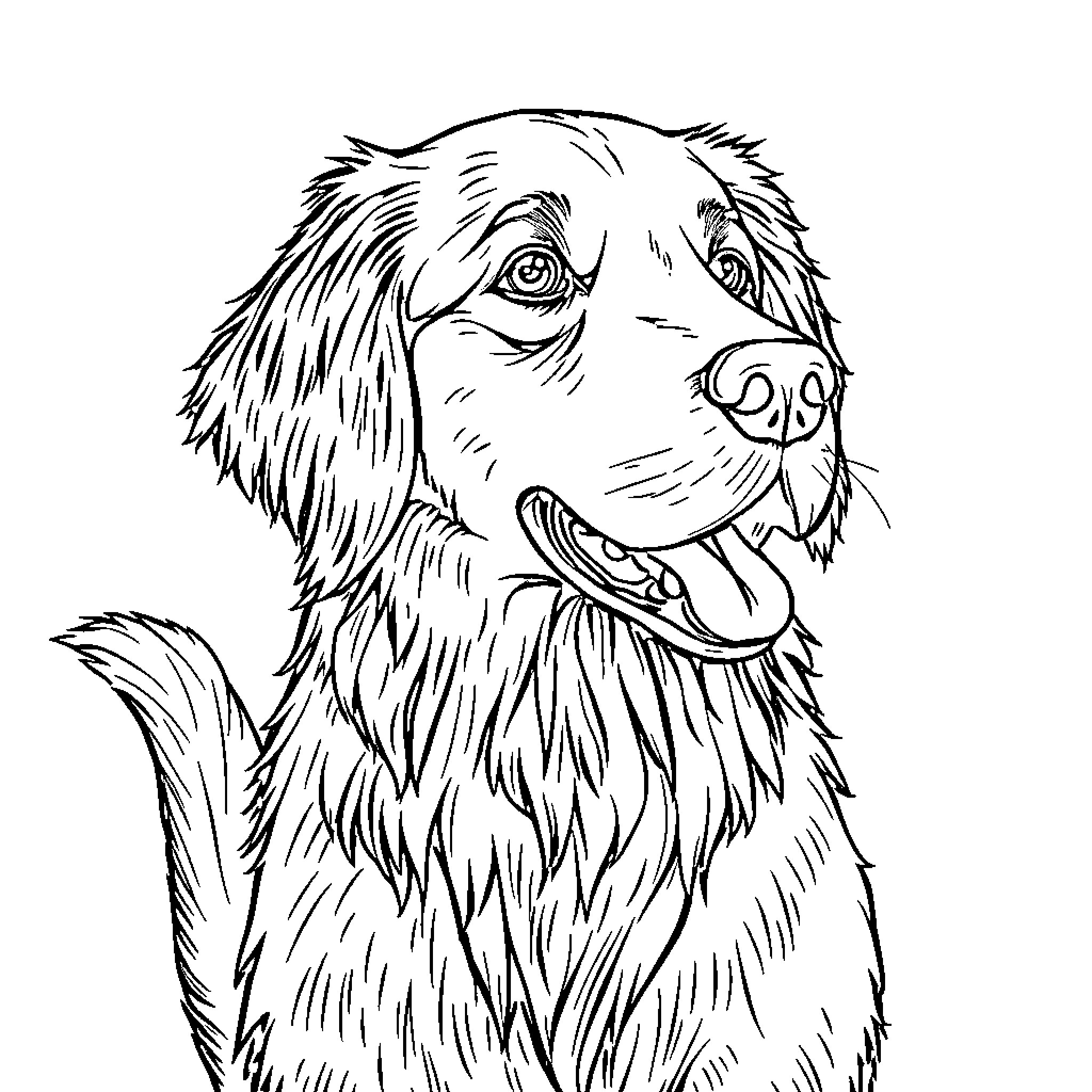 Golden Retriever gazing intently Coloring Page (free black-and-white line drawing printable PDF for all, from beginners to advanced learners, including children, teens, adults, and seniors)