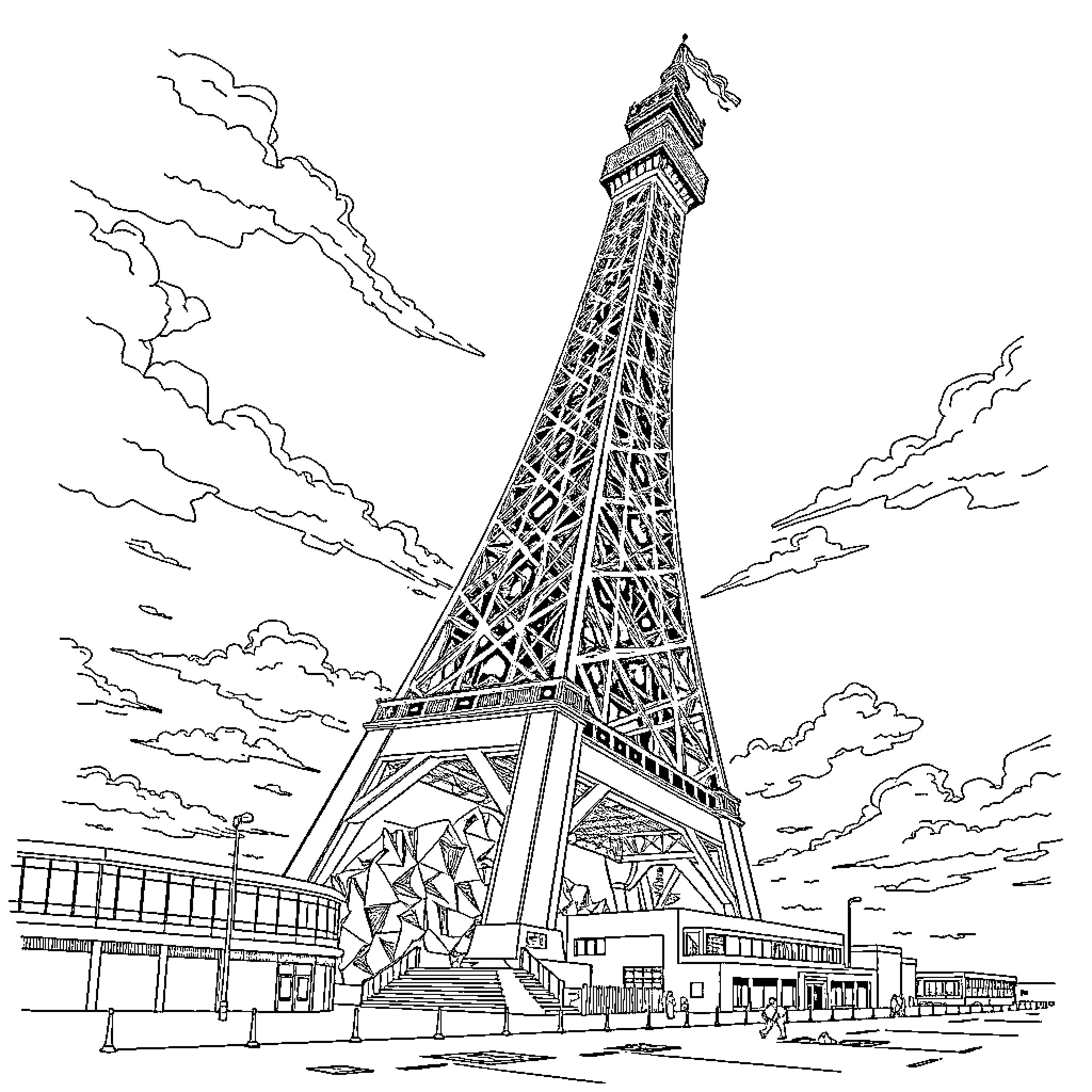 Tower reaching towards the cloudy sky Coloring Page (free black-and-white line drawing printable PDF for all, from beginners to advanced learners, including children, teens, adults, and seniors)