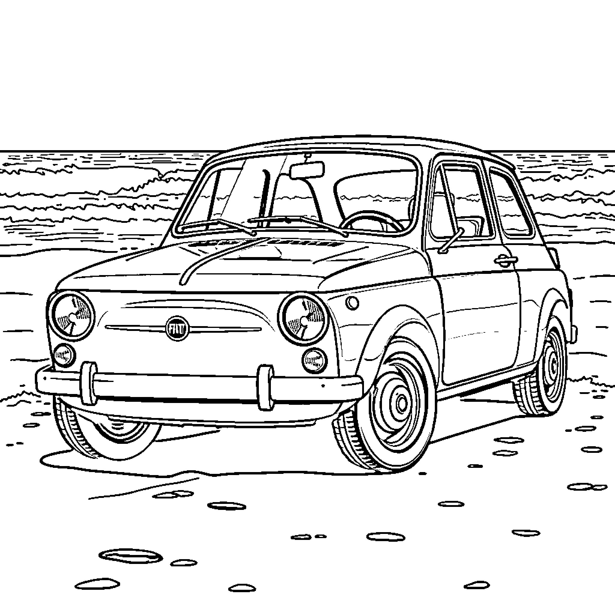 Fiat classic car in scenic countryside Coloring Page (free black-and-white line drawing printable PDF for all, from beginners to advanced learners, including children, teens, adults, and seniors)