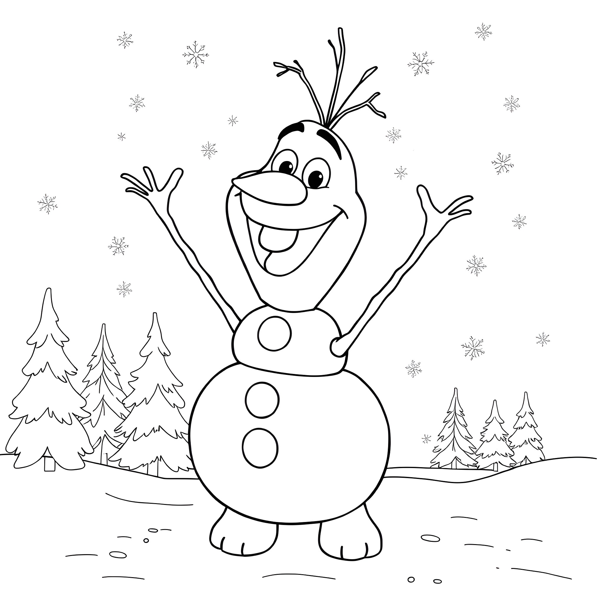 Olaf the happy snowman in the snowy forest Coloring Page (free black-and-white line drawing printable PDF for all, from beginners to advanced learners, including children, teens, adults, and seniors)