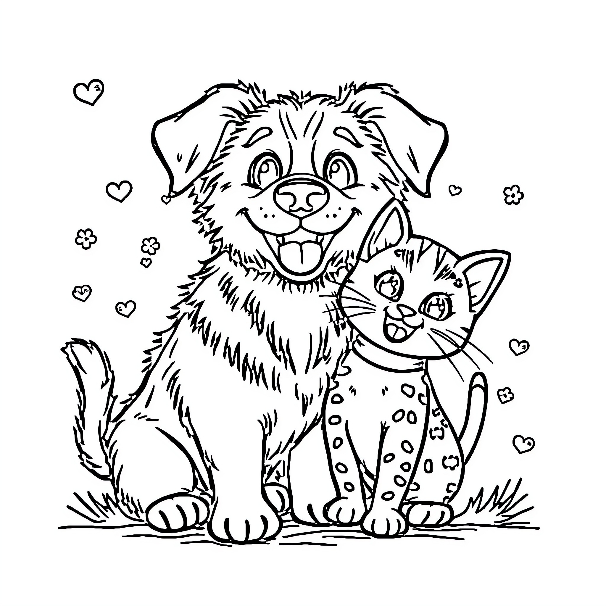 Dog and Cat playing together happily Coloring Page (free black-and-white line drawing printable PDF for all, from beginners to advanced learners, including children, teens, adults, and seniors)