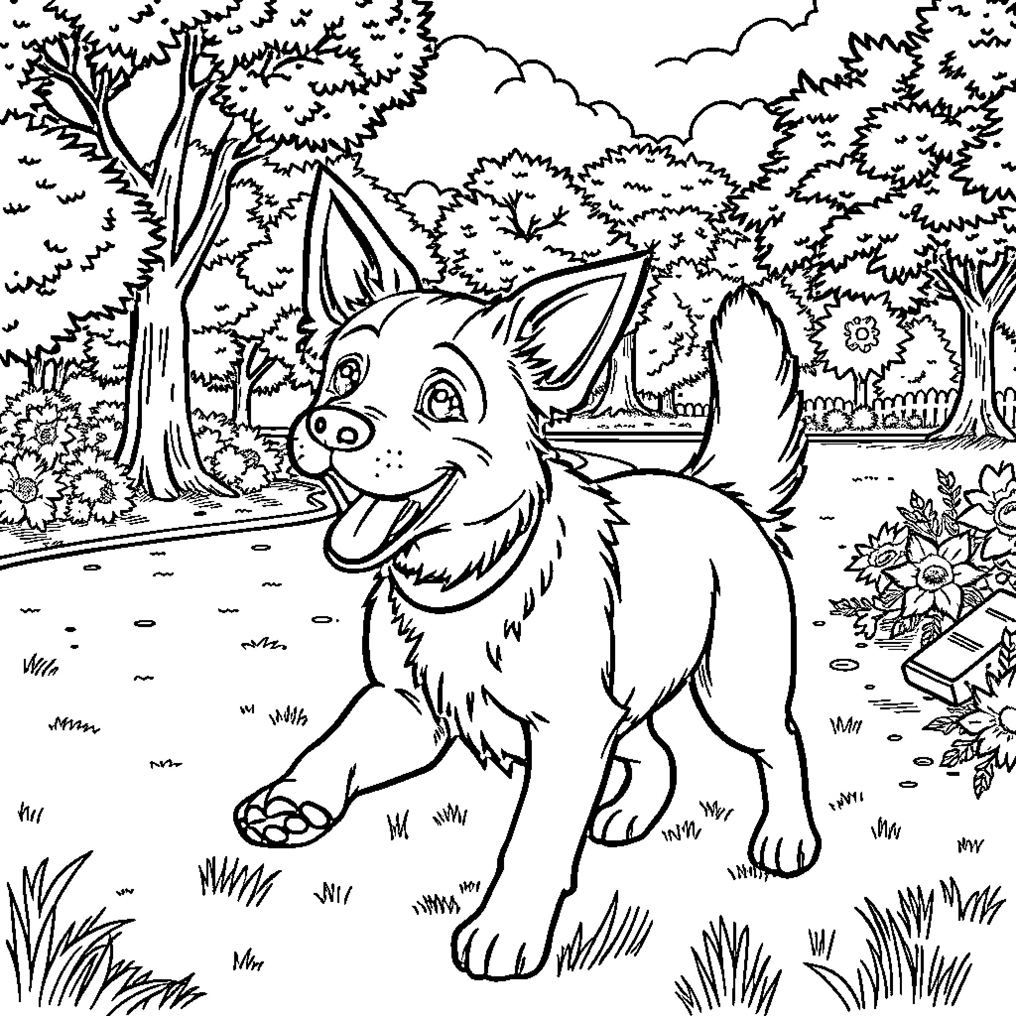 Dog exploring a whimsical forest scene Coloring Page (free black-and-white line drawing printable PDF for all, from beginners to advanced learners, including children, teens, adults, and seniors)