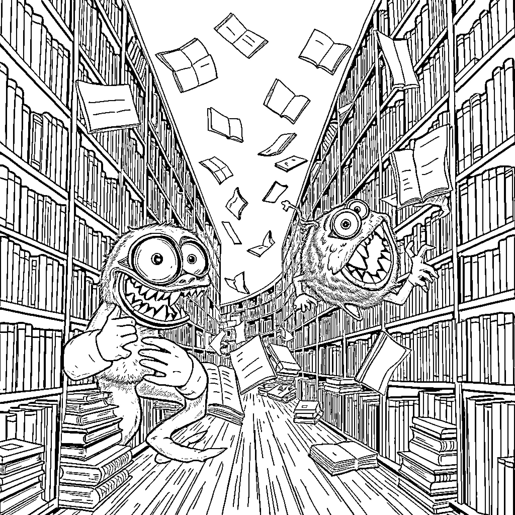 Monster Mayhem in the Library Coloring Page (free black-and-white line drawing printable PDF for all, from beginners to advanced learners, including children, teens, adults, and seniors)