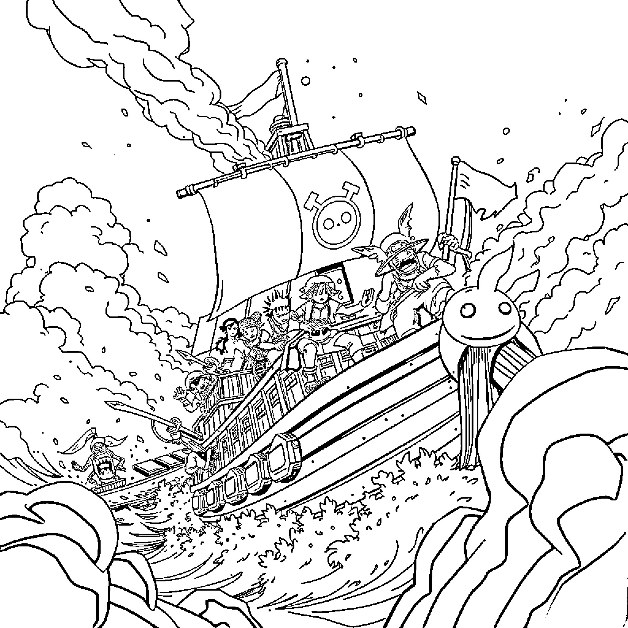 One Piece Pirate Ship Voyage at Sea Coloring Page (free black-and-white line drawing printable PDF for all, from beginners to advanced learners, including children, teens, adults, and seniors)
