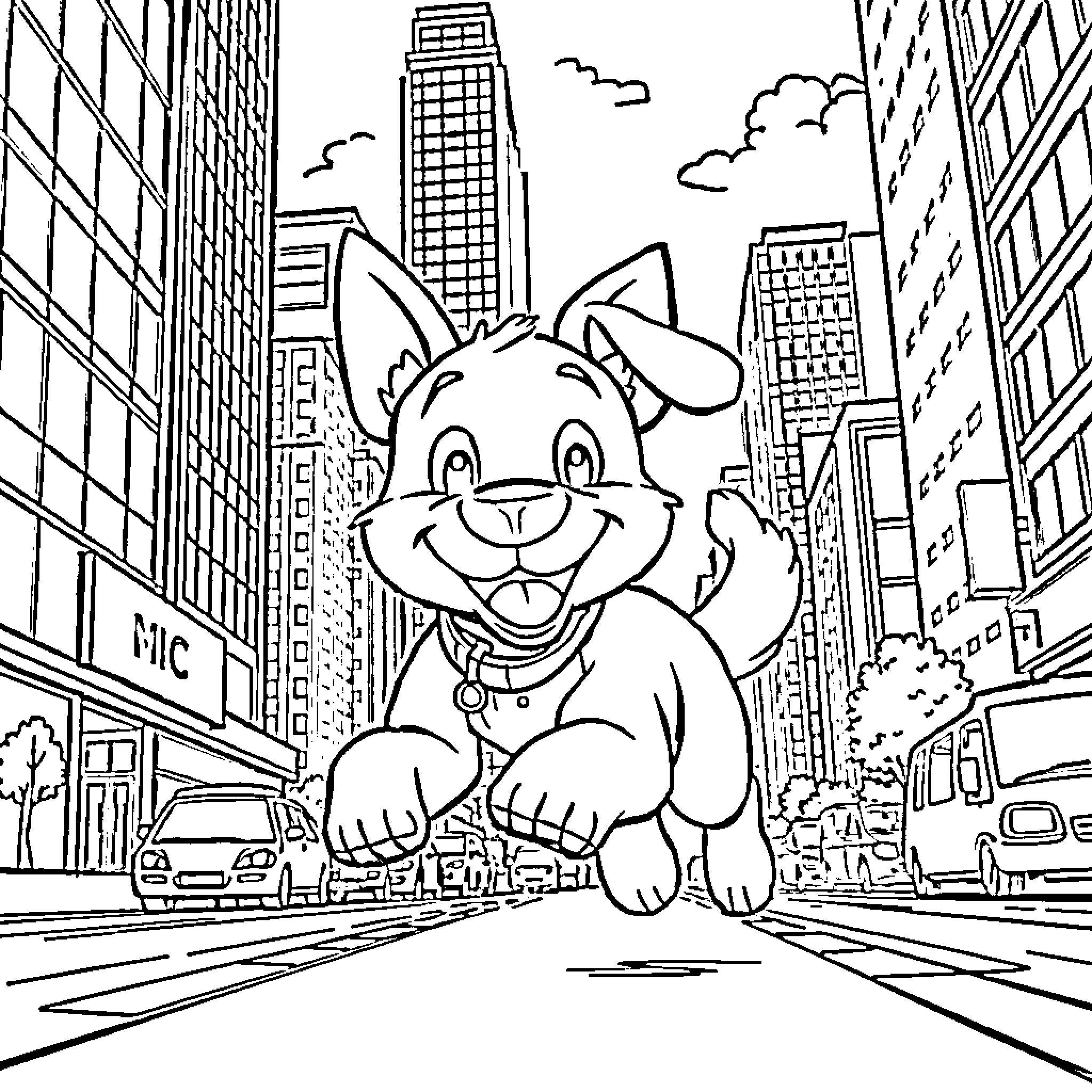 Bluey exploring the big city with a smile Coloring Page (free black-and-white line drawing printable PDF for all, from beginners to advanced learners, including children, teens, adults, and seniors)