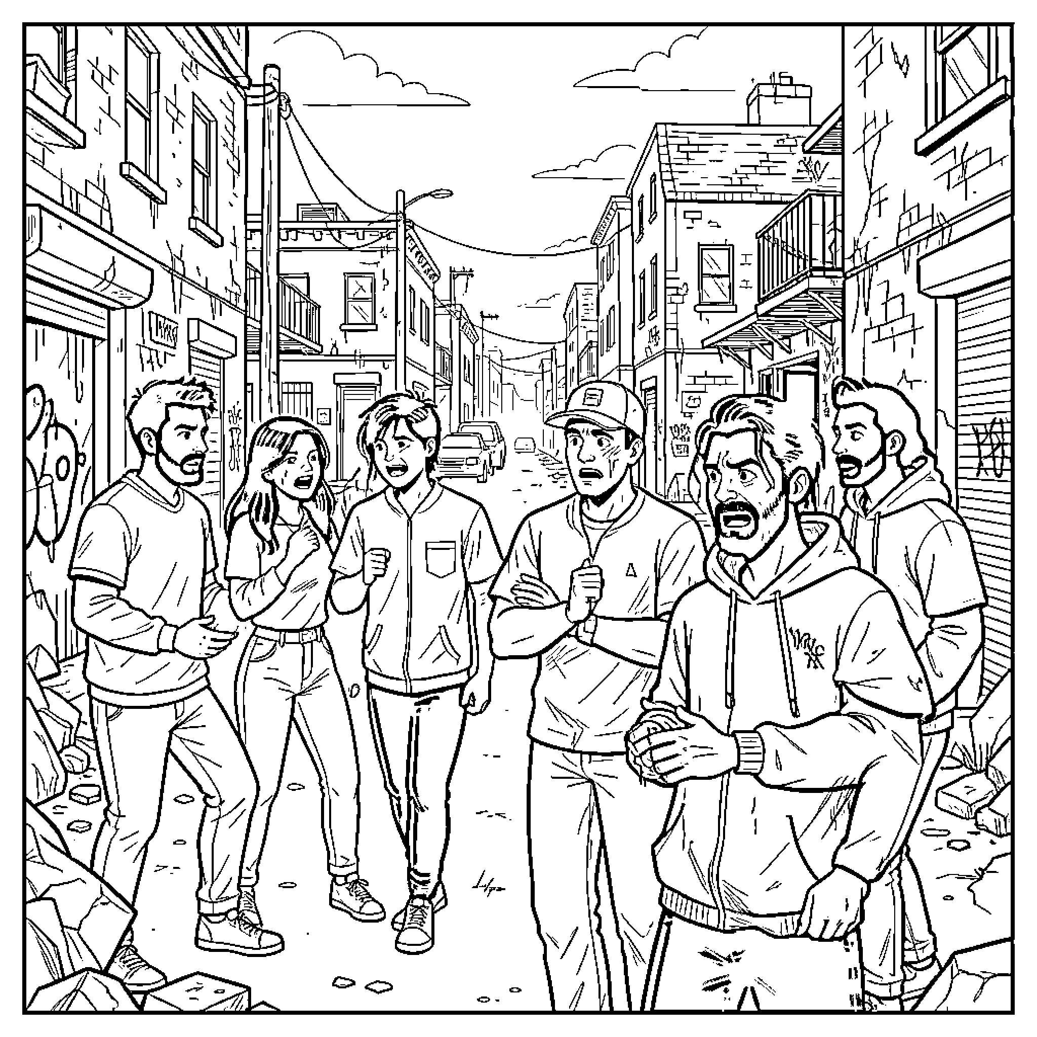 Outsiders gathered in an urban alleyway looking concerned Coloring Page (free black-and-white line drawing printable PDF for all, from beginners to advanced learners, including children, teens, adults, and seniors)