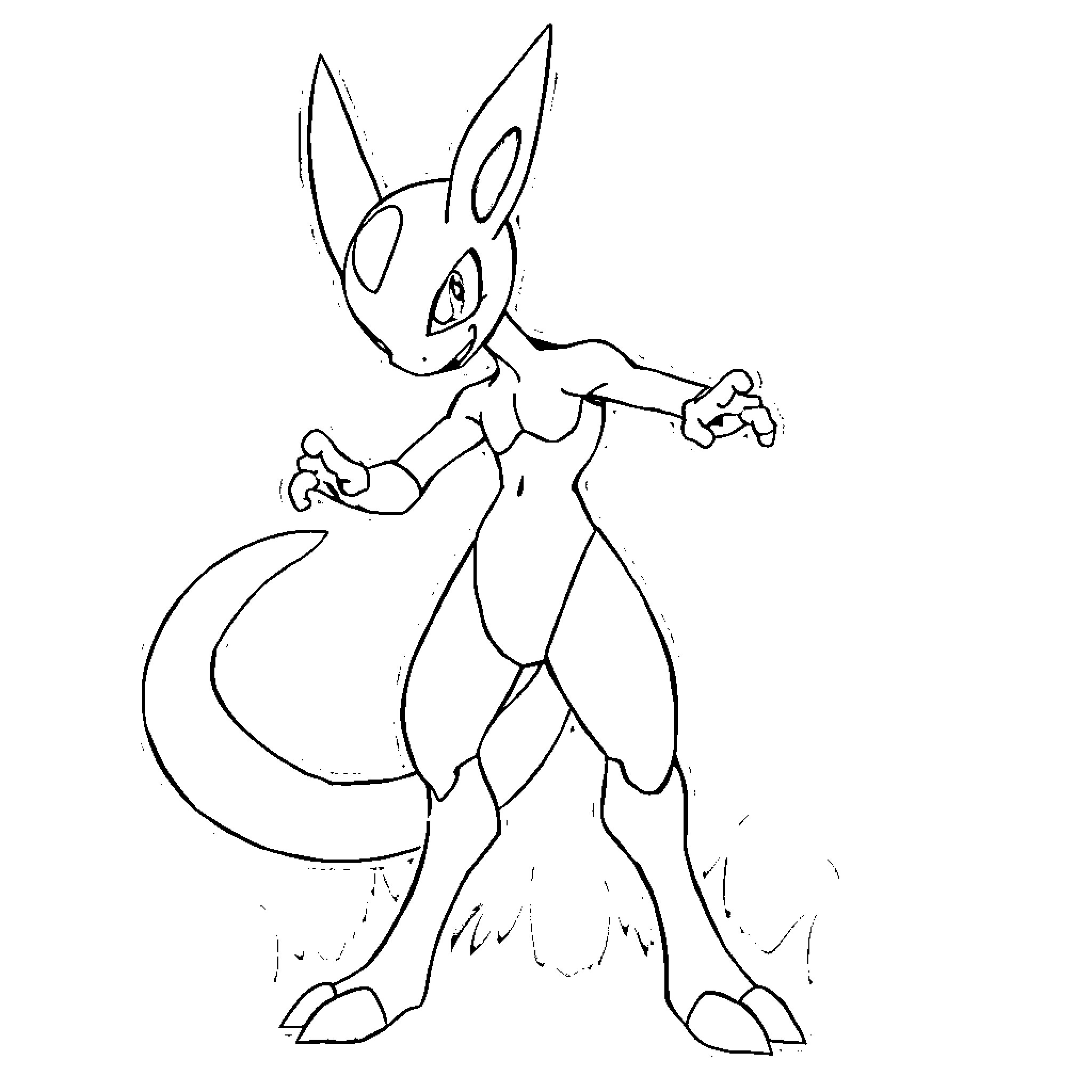 Mewtwo in aggressive pose Coloring Page (free black-and-white line drawing printable PDF for all, from beginners to advanced learners, including children, teens, adults, and seniors)